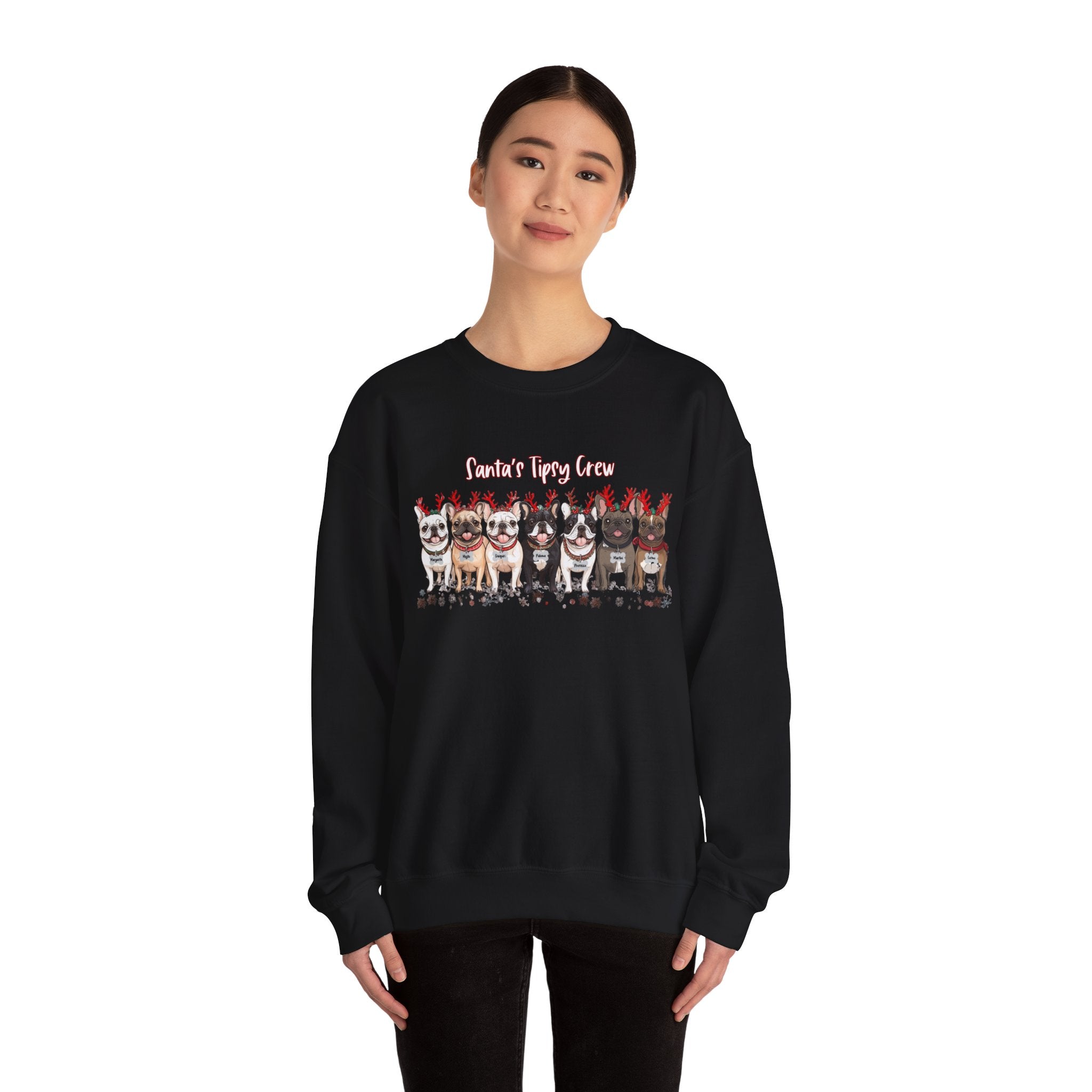 “Santa’s Tipsy Crew” Christmas Crewneck Sweatshirt - Unisex alternate view - French Bulldog mom sweatshirt | Tipsy Bully