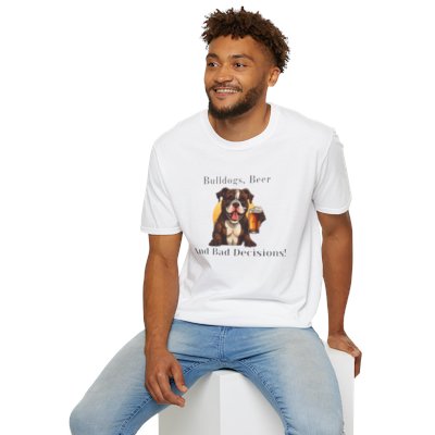 Bulldogs, Beer, and Bad Decisions" Unisex T-Shirt by Tipsy Bully (American/Brown)