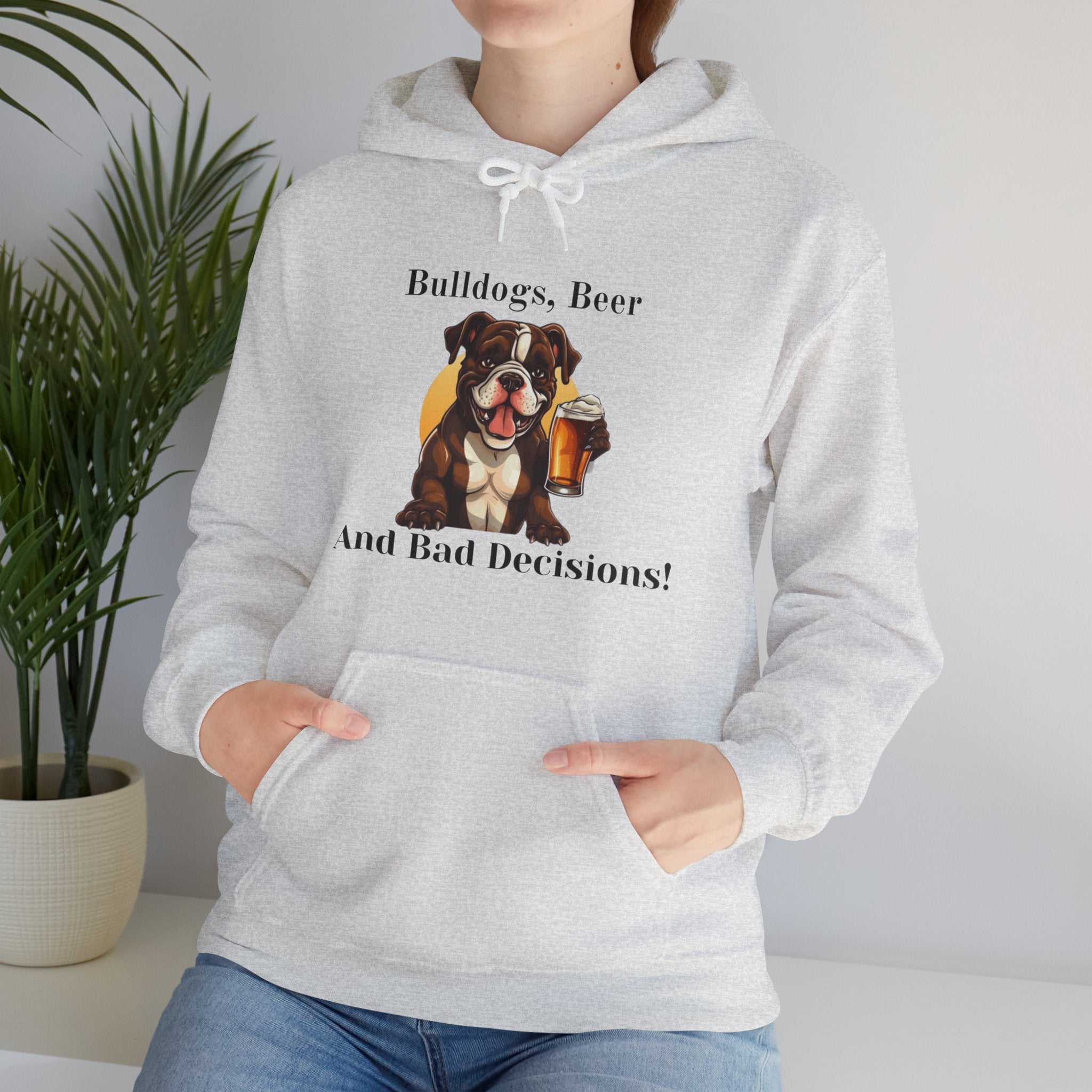 Bulldogs, Beer, and Bad Decisions" Hoodie - Your Go-To Gear for Mischievous Times! (American/Brown)