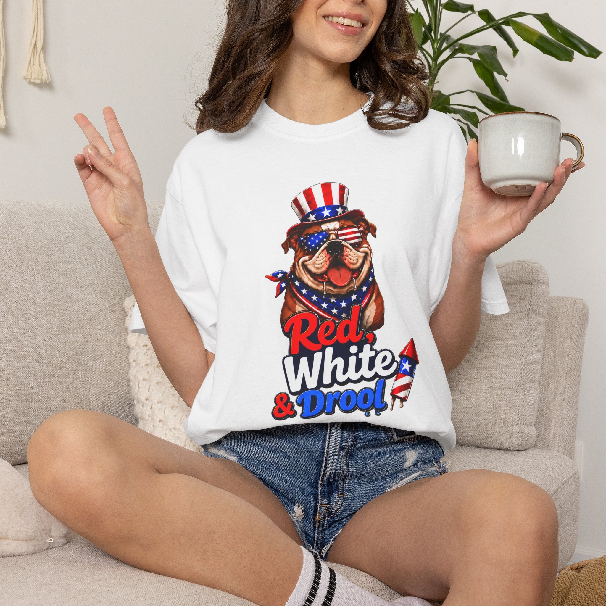 Red, White & Drool Bulldog T-Shirt | Patriotic Garment-Dyed Tee (English)