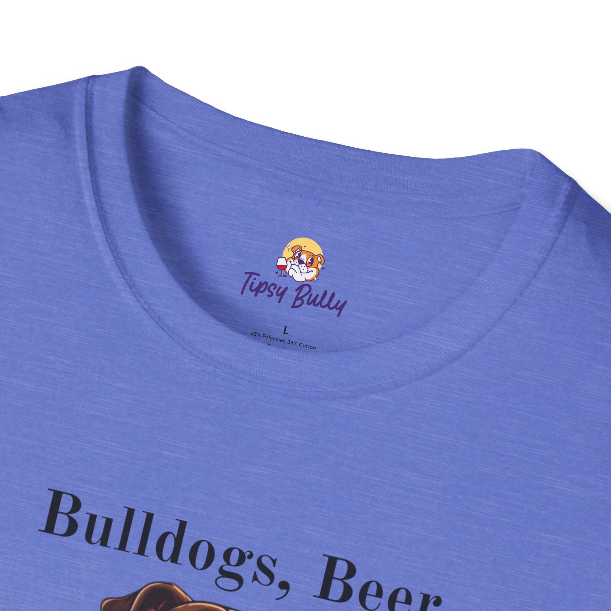 Bulldogs, Beer, and Bad Decisions" Unisex T-Shirt by Tipsy Bully detail shot - English Bulldog mom gift | Tipsy Bully
