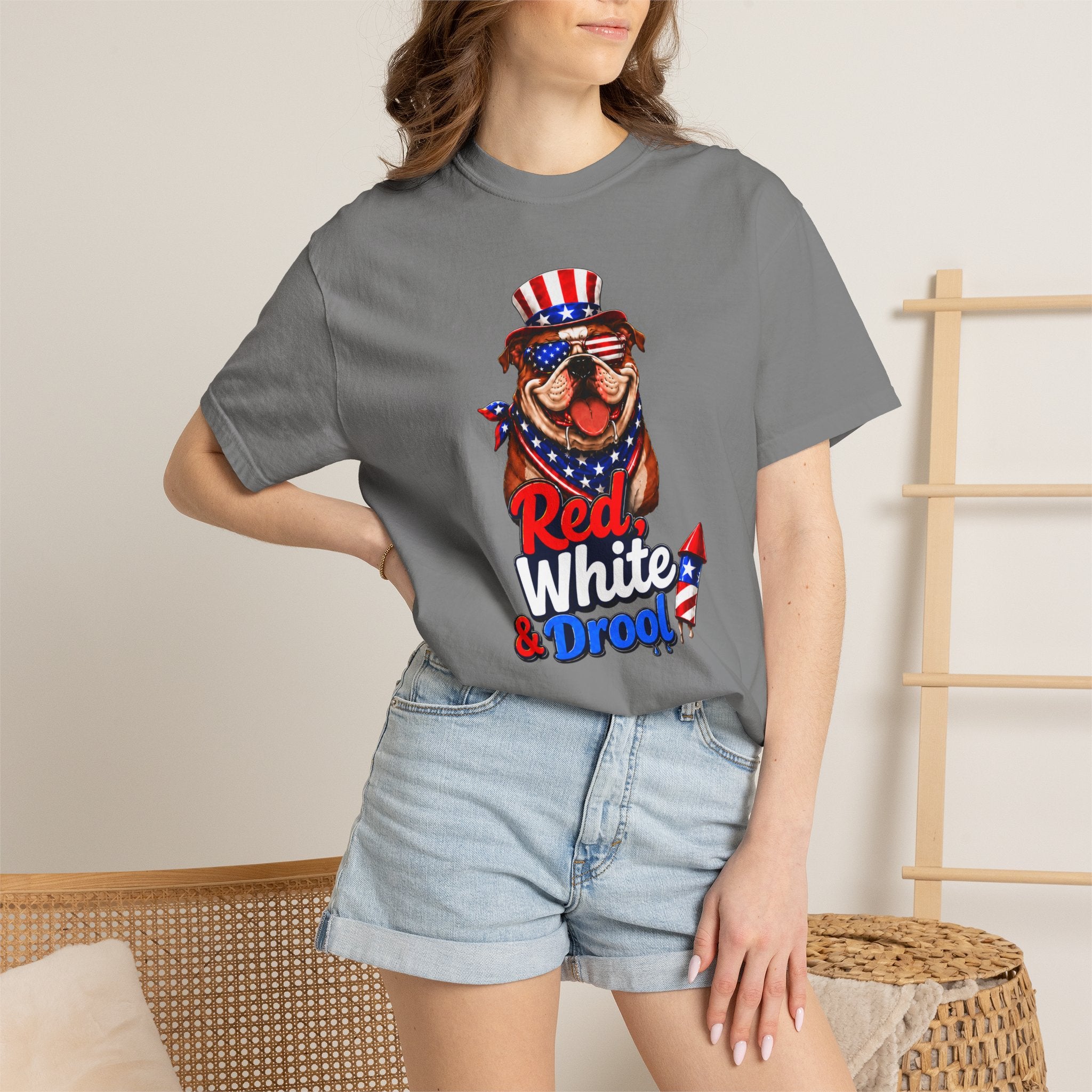 Red, White & Drool Bulldog T-Shirt | Patriotic Garment-Dyed Tee (English)