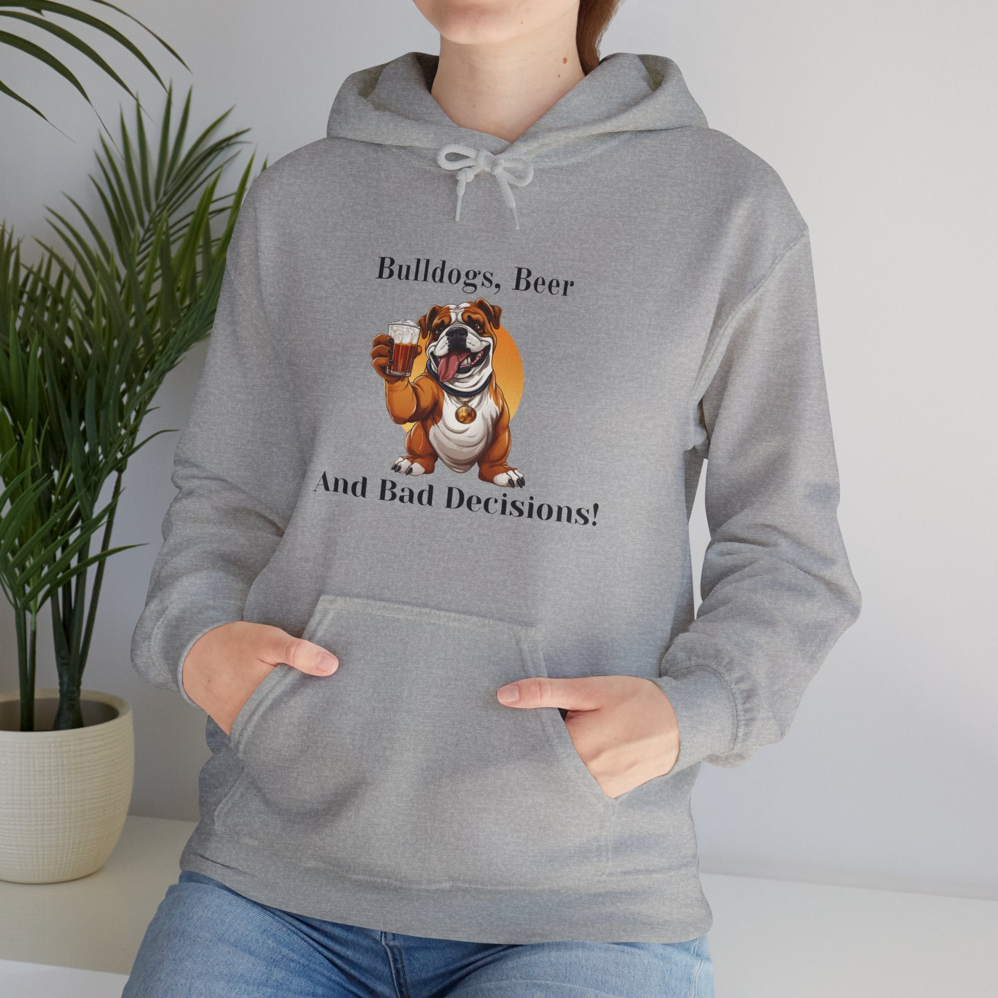Bulldogs, Beer, and Bad Decisions" Hoodie - Your Go-To Gear for Mischievous Times! (English/Brown)