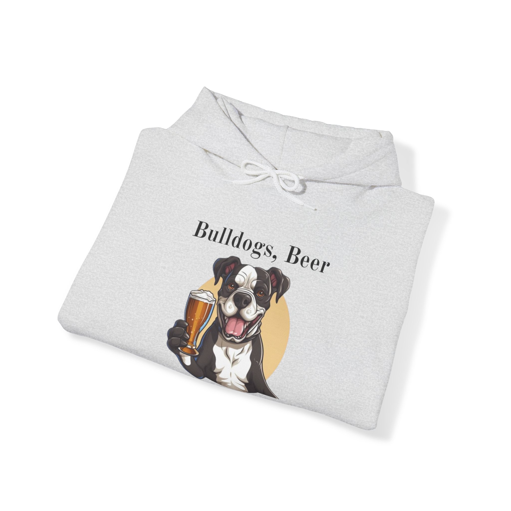 Bulldogs, Beer, and Bad Decisions" Hoodie - Your Go-To Gear for Mischievous Times! lifestyle photo - English Bulldog mom gift | Tipsy Bully