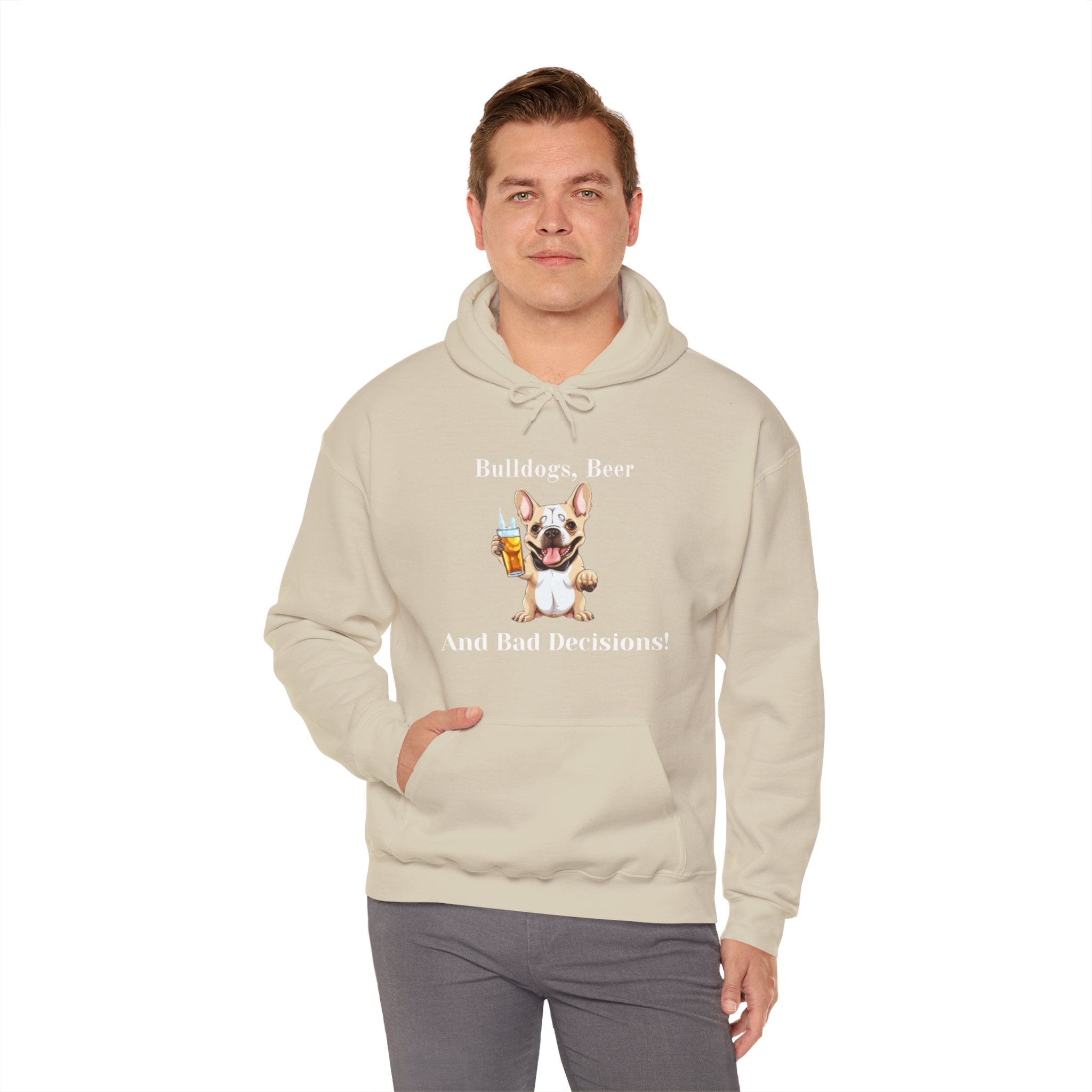 Bulldogs, Beer, and Bad Decisions" Hoodie - Your Go-To Gear for Mischievous Times! (French/Brown)