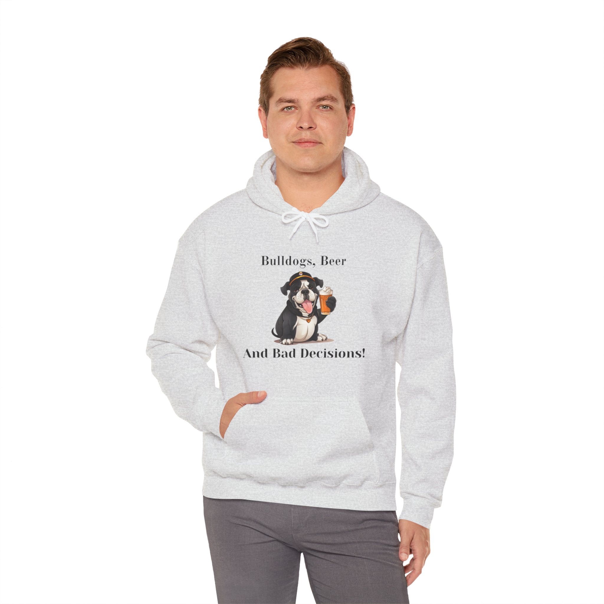 Bulldogs, Beer, and Bad Decisions" Hoodie - Your Go-To Gear for Mischievous Times! (English/Black)