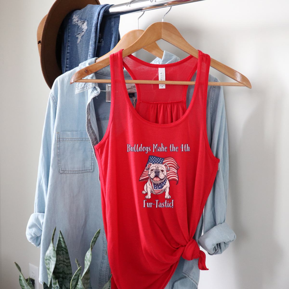 Bulldogs Make the 4th Fur-Tastic Flowy Racerback Tank (White/English)