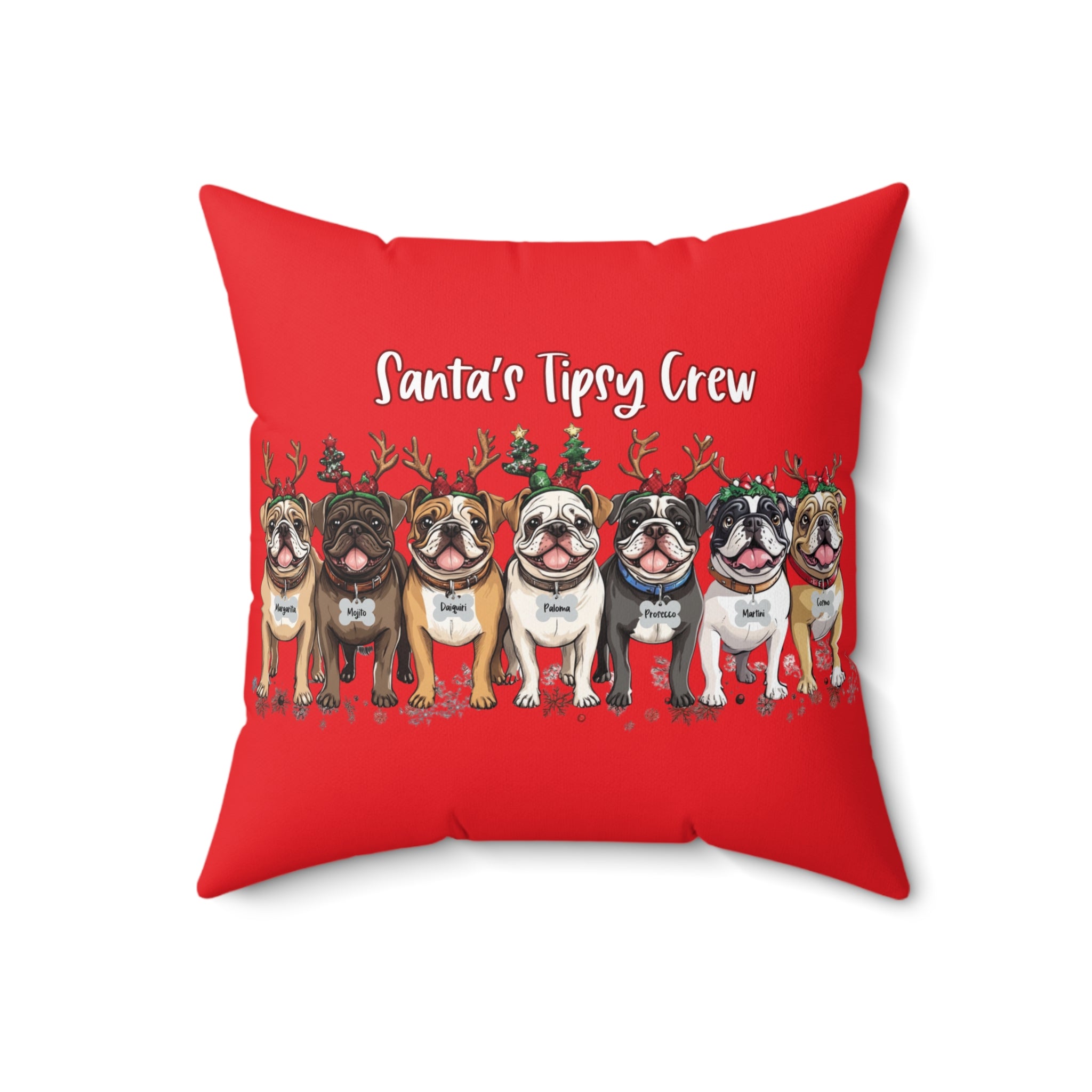 “Santa’s Tipsy Crew” Christmas pillow (red/English)