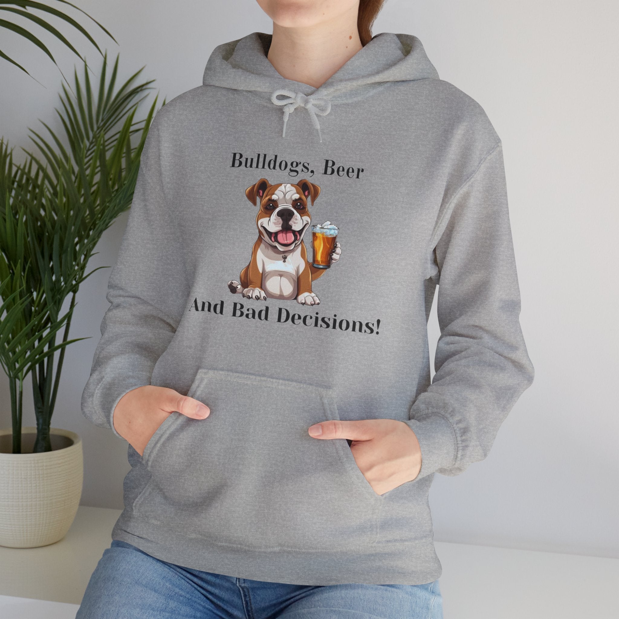 Bulldogs, Beer, and Bad Decisions" Hoodie - Your Go-To Gear for Mischievous Times! (American/White)
