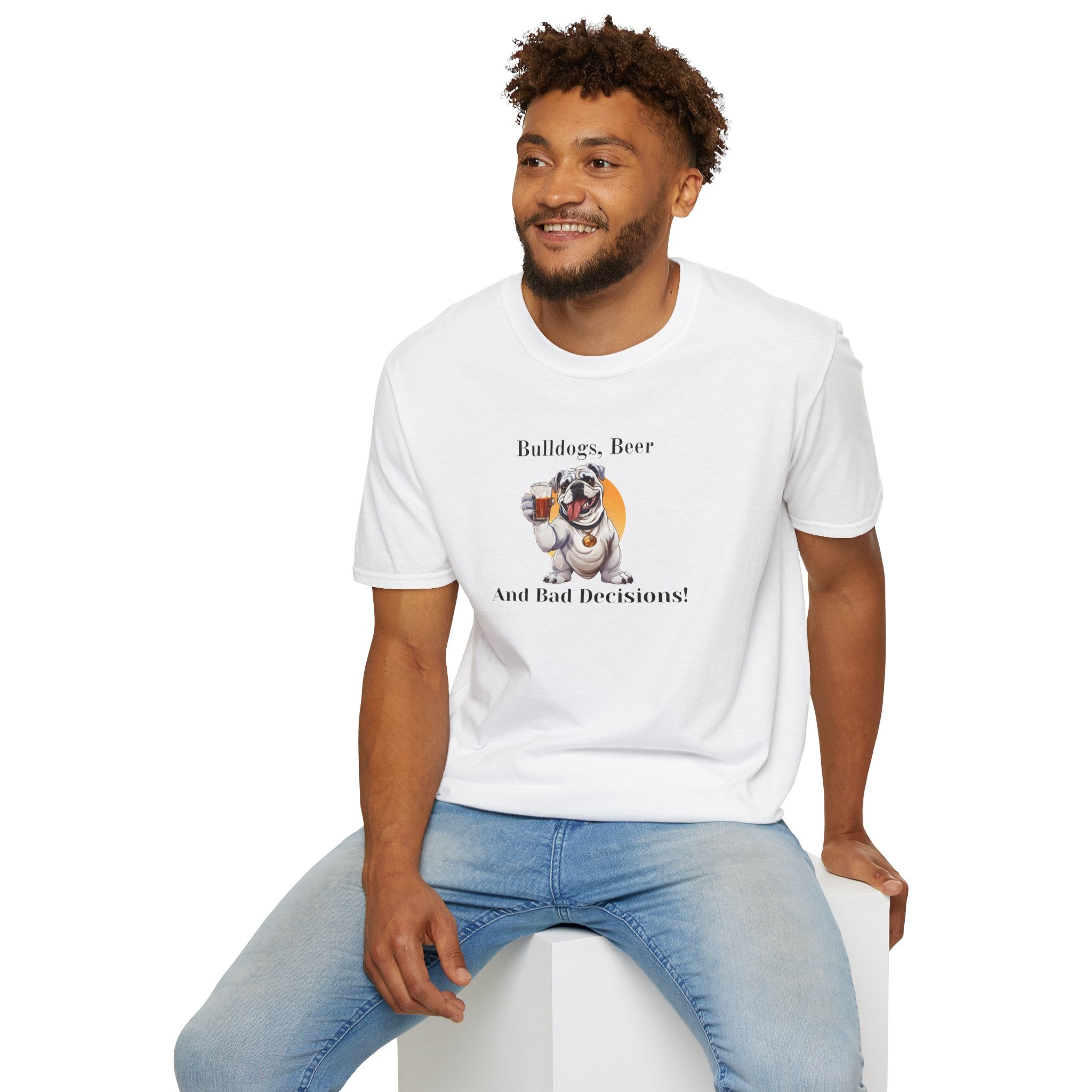 Bulldogs, Beer, and Bad Decisions" Unisex T-Shirt by Tipsy Bully (English/White)