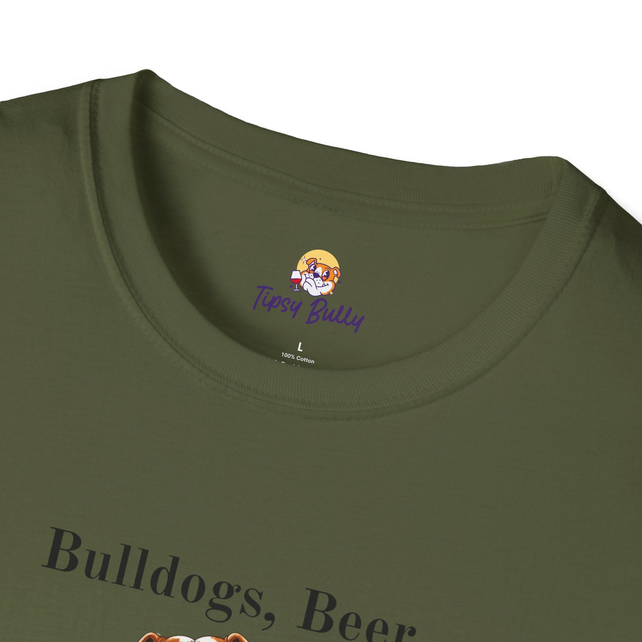 Bulldogs, Beer, and Bad Decisions" Unisex T-Shirt by Tipsy Bully (English/Brown)