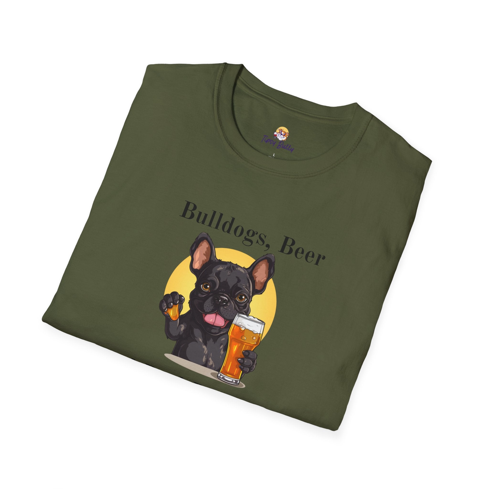 Bulldogs, Beer, and Bad Decisions" Unisex T-Shirt by Tipsy Bully (French/Black)