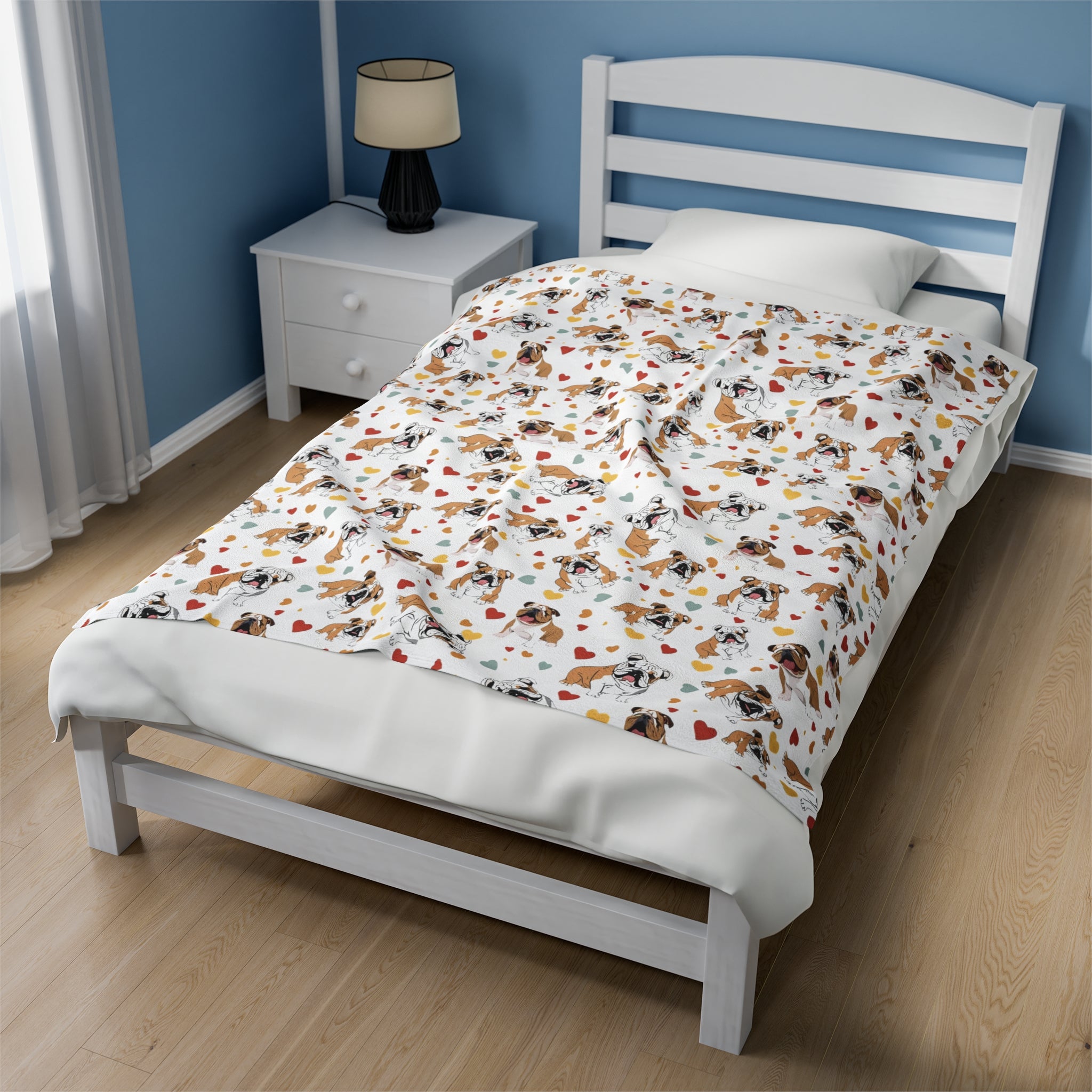 Bulldog Cuddle Haven: All-Over-Print Velveteen Blanket (English)