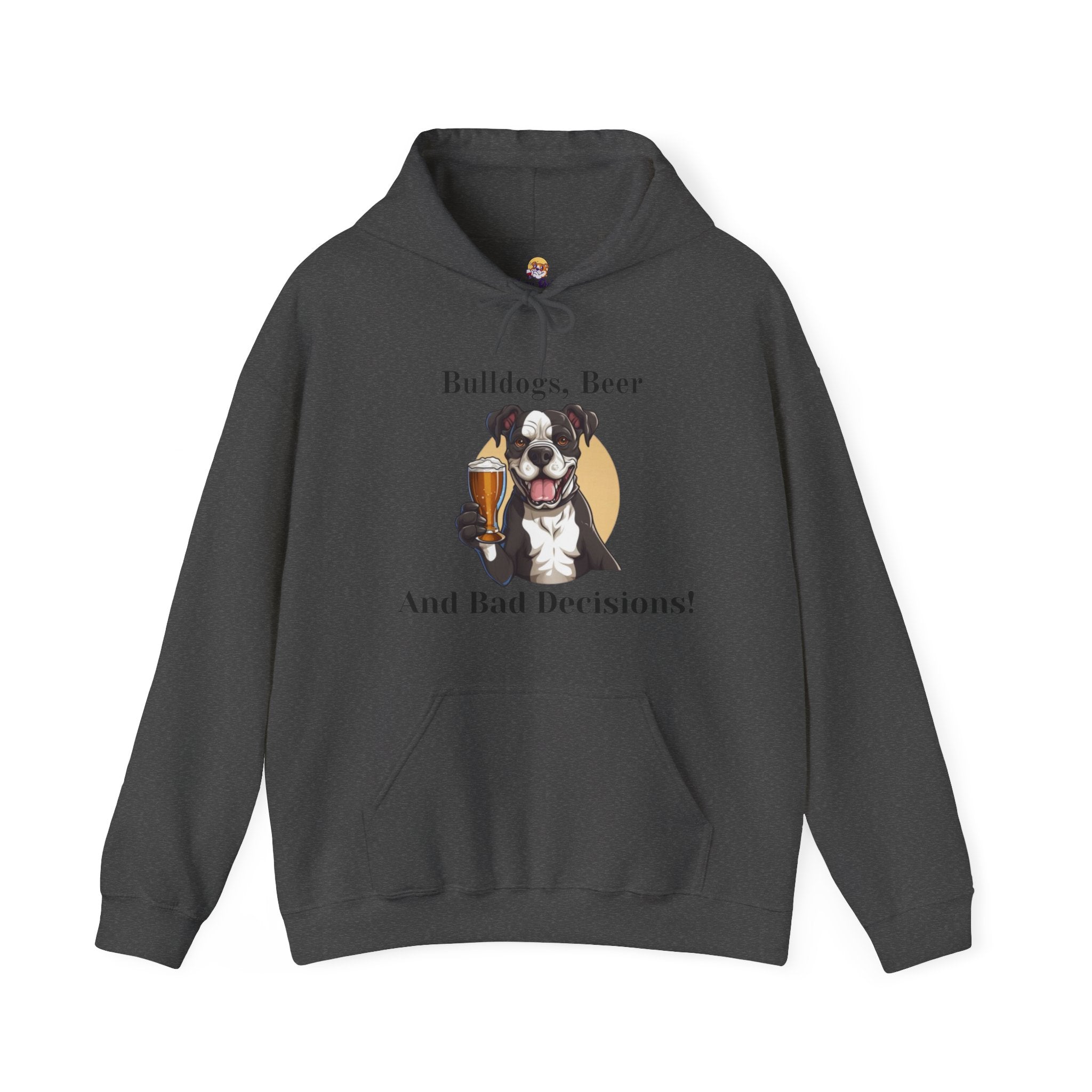 Bulldogs, Beer, and Bad Decisions" Hoodie - Your Go-To Gear for Mischievous Times! back view - English Bulldog mom gift | Tipsy Bully