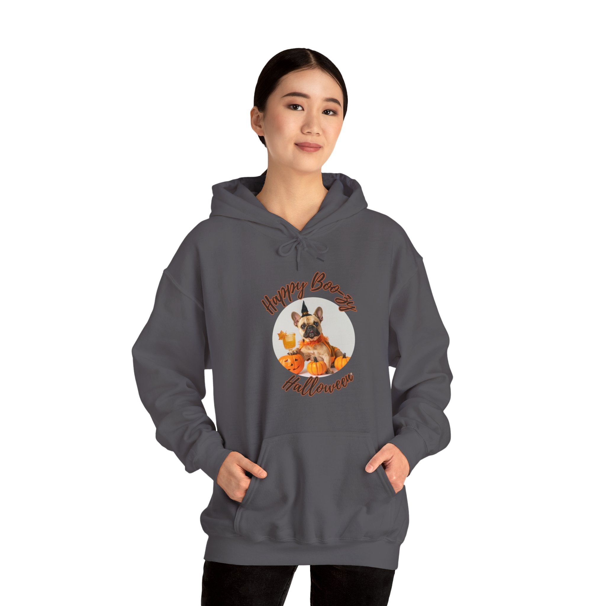 "Happy Boo-zy Haloween" Halloween Bulldog Hoodie (Tan/French)
