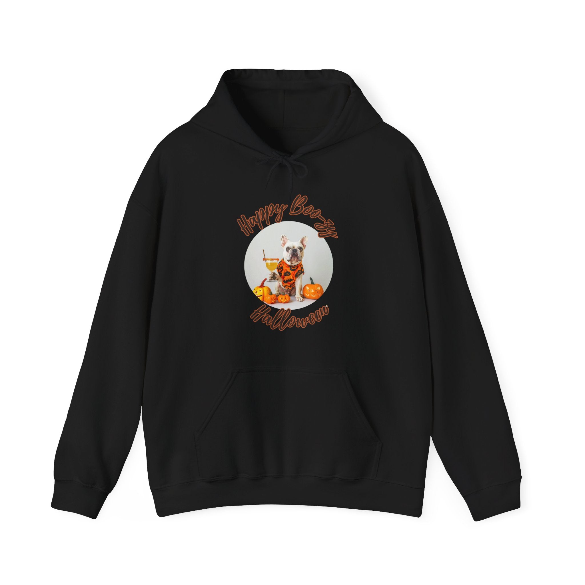 "Happy Boo-zy Halloween" Halloween Bulldog Hoodie (White/French)