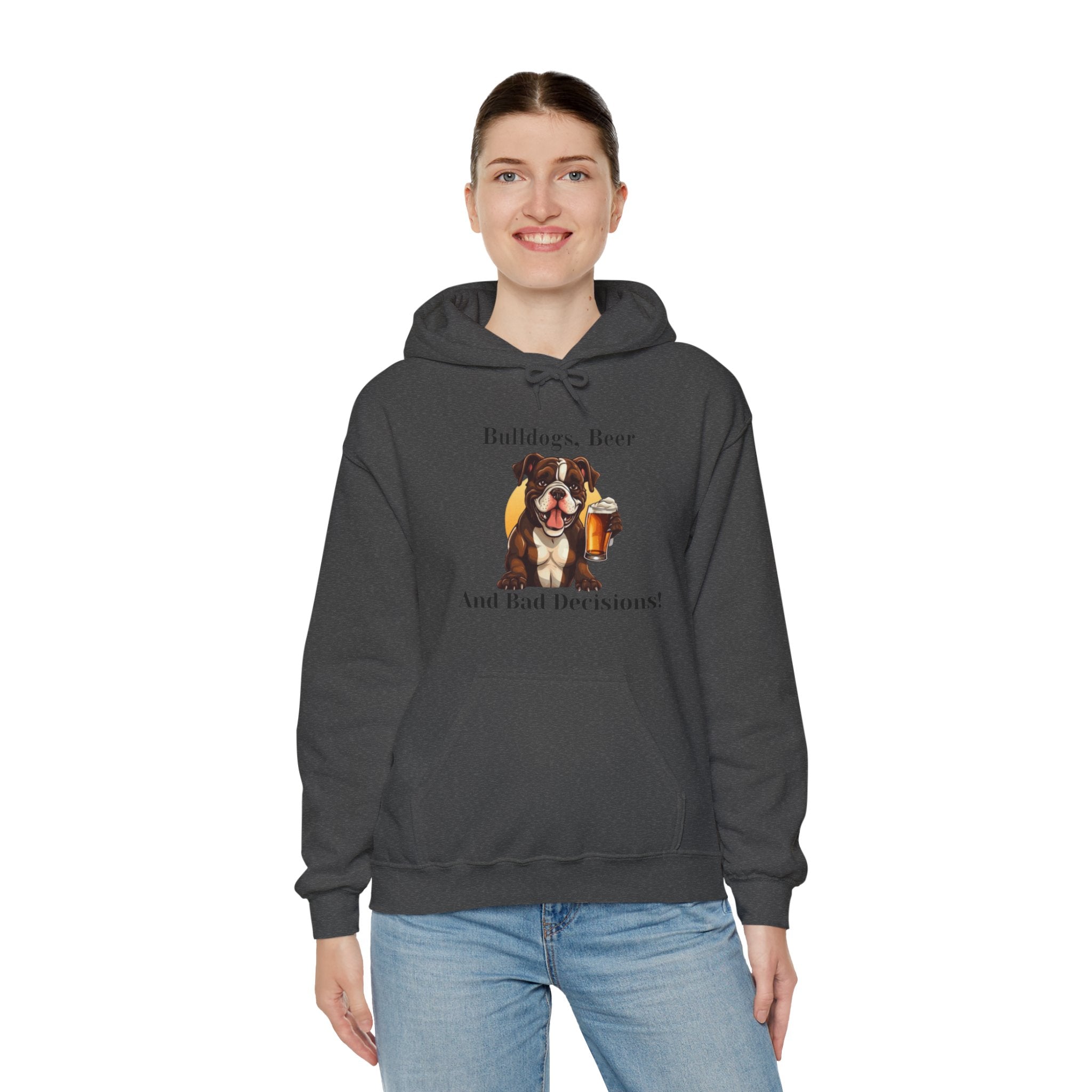 Bulldogs, Beer, and Bad Decisions" Hoodie - Your Go-To Gear for Mischievous Times! (American/Brown)