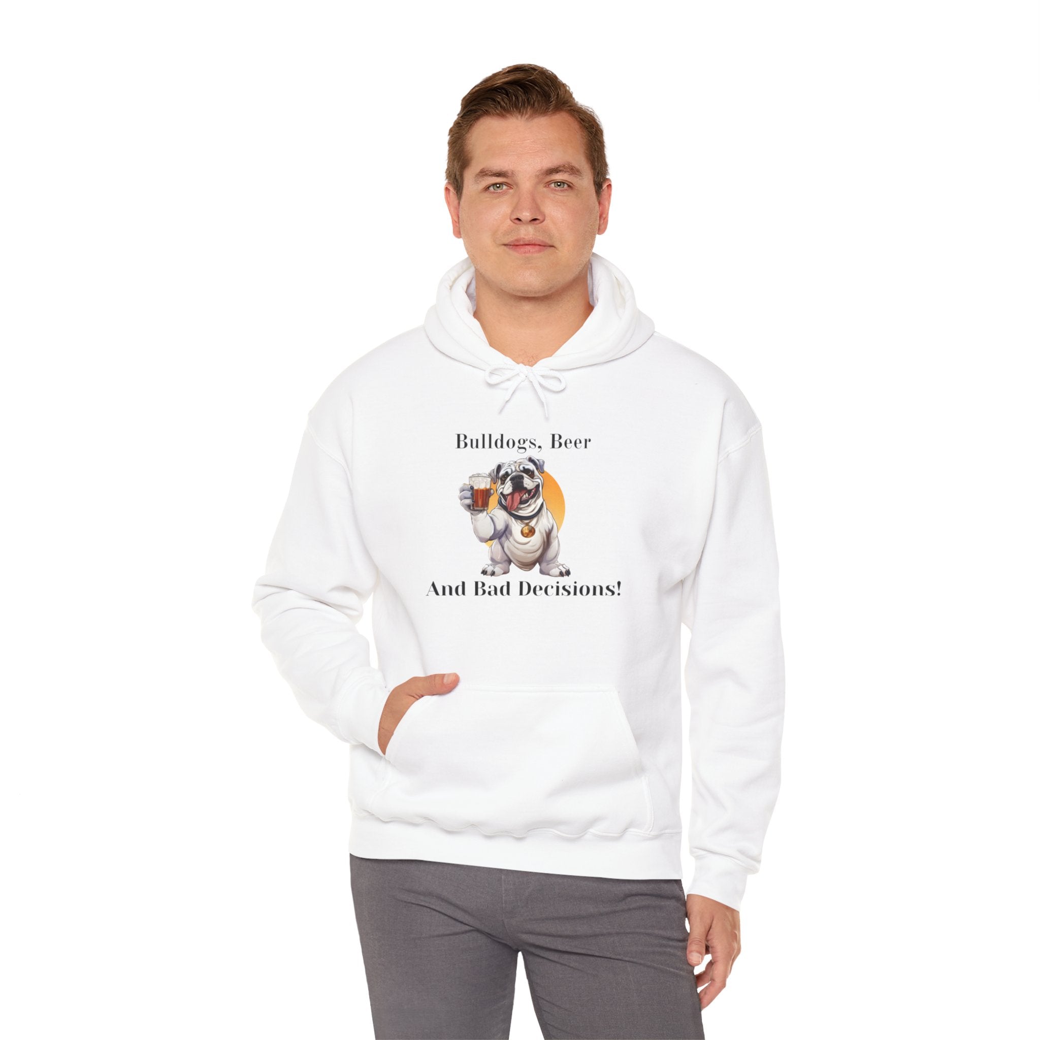 Bulldogs, Beer, and Bad Decisions" Hoodie - Your Go-To Gear for Mischievous Times! (English/White)