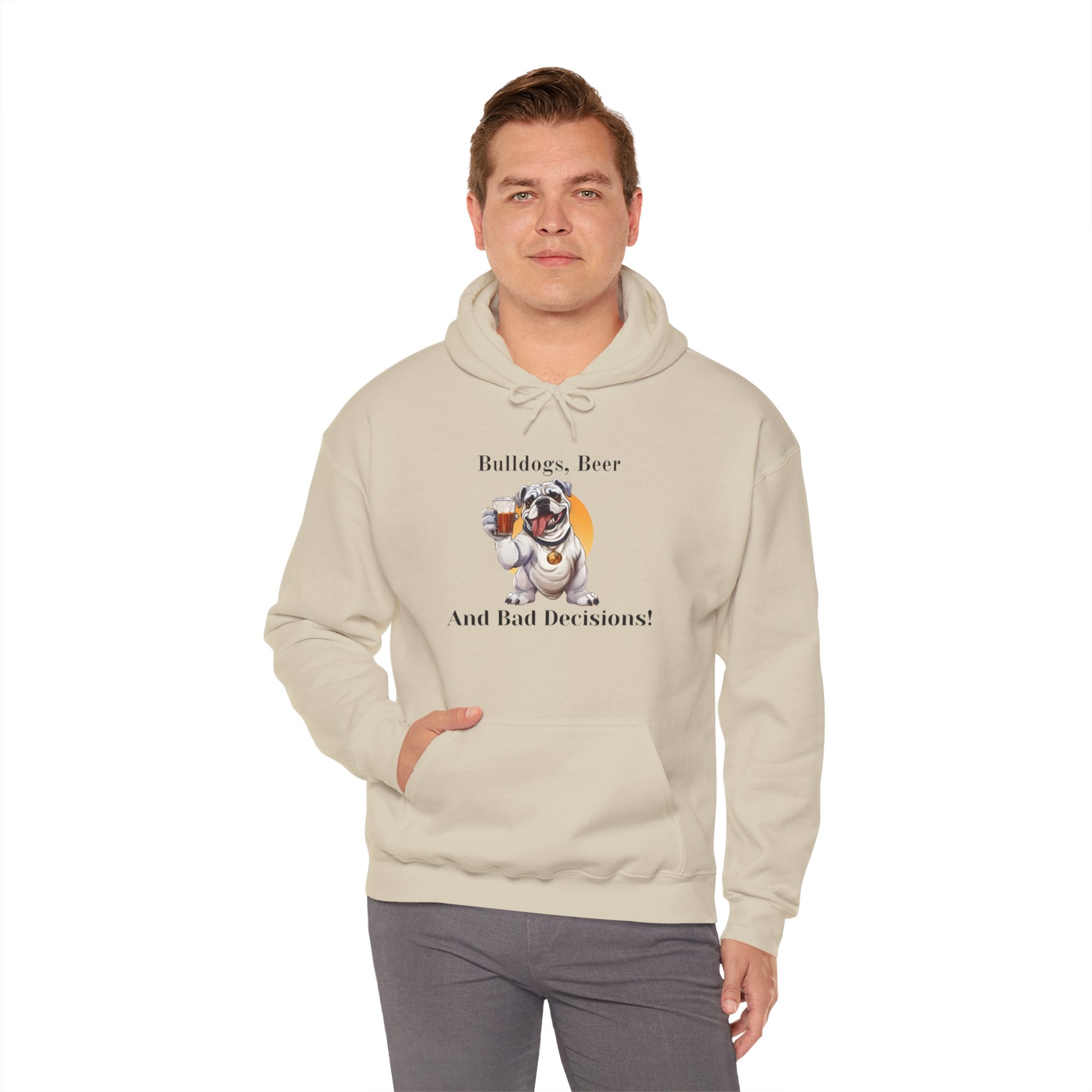 Bulldogs, Beer, and Bad Decisions" Hoodie - Your Go-To Gear for Mischievous Times! (English/White)