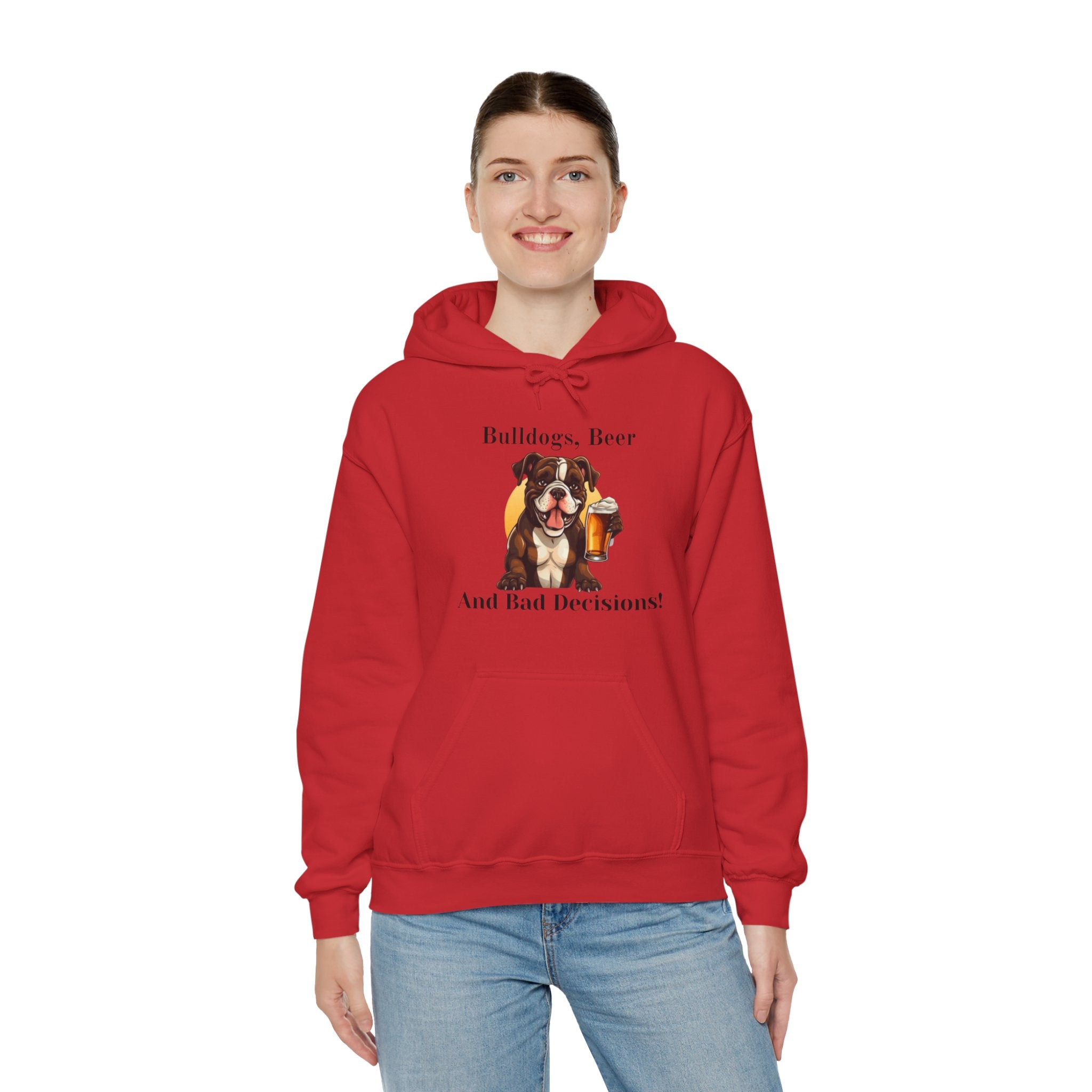 Bulldogs, Beer, and Bad Decisions" Hoodie - Your Go-To Gear for Mischievous Times! (American/Brown)