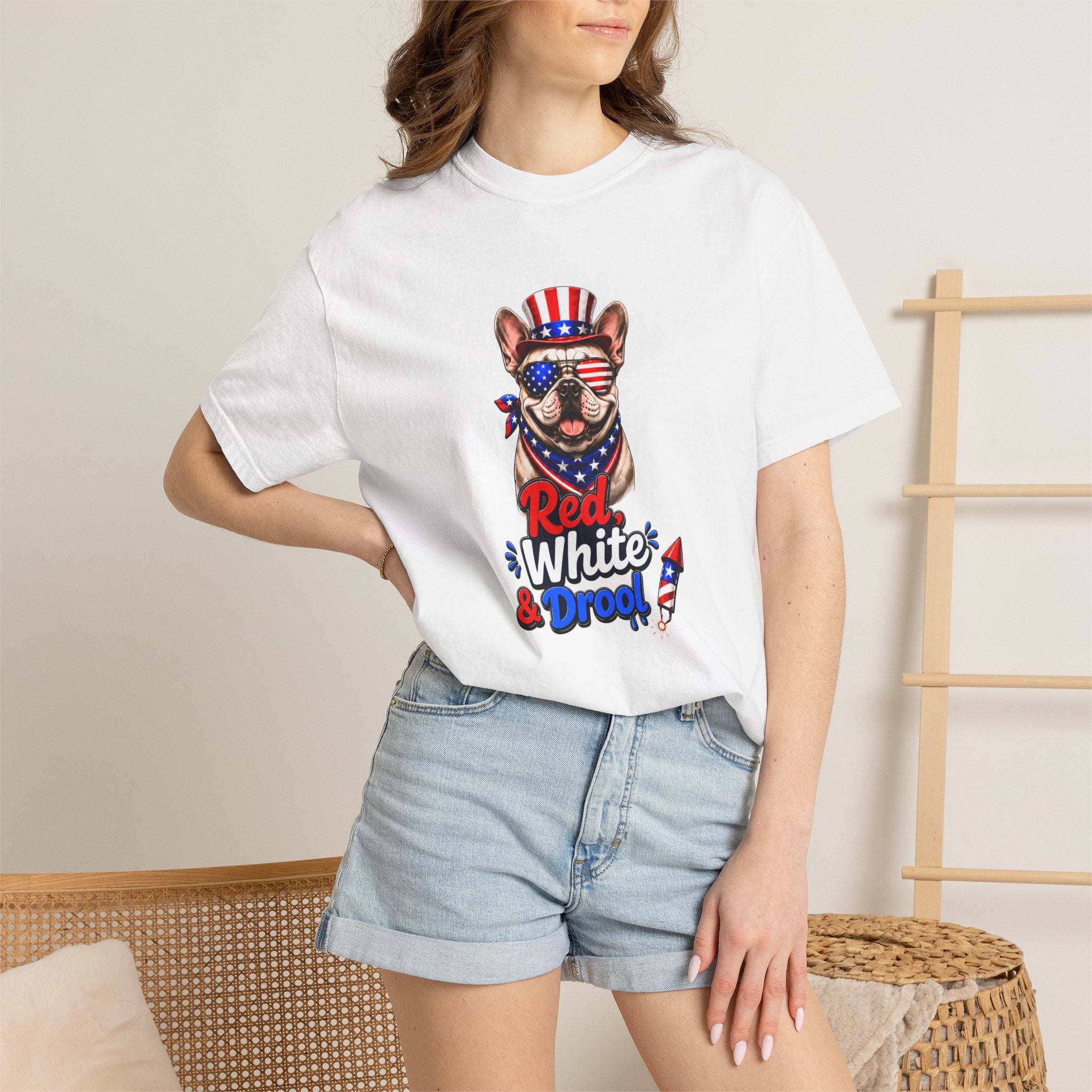 Red, White & Drool Bulldog T-Shirt | Patriotic Garment-Dyed Tee (French)