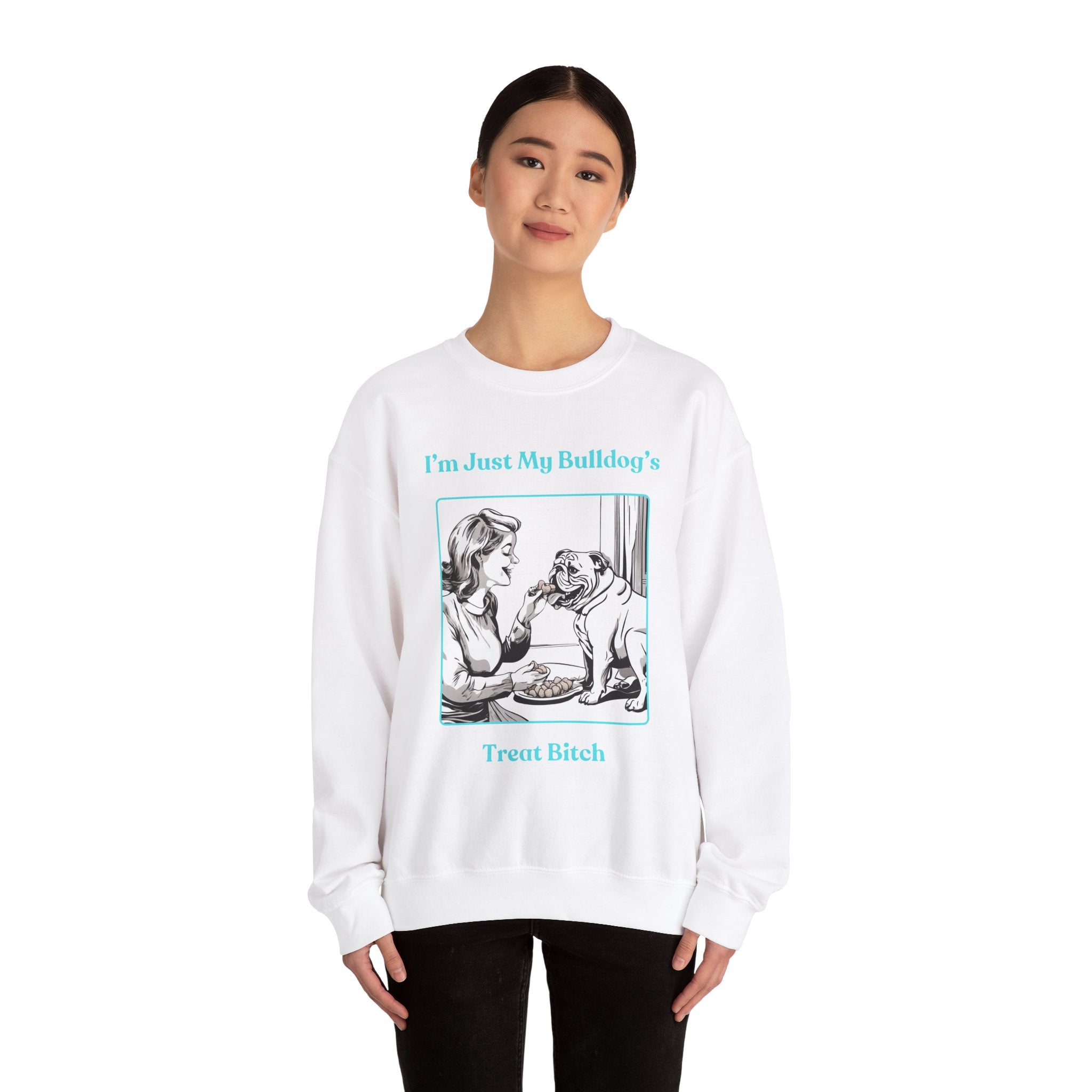 Just My Bulldog's Treat Bitch" Crew Neck Sweatshirt (English/Turq)