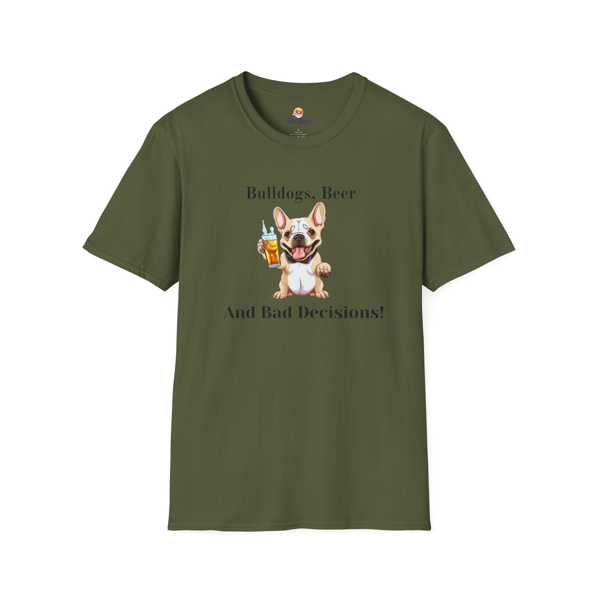 Bulldogs, Beer, and Bad Decisions" Unisex T-Shirt by Tipsy Bully (French/White)