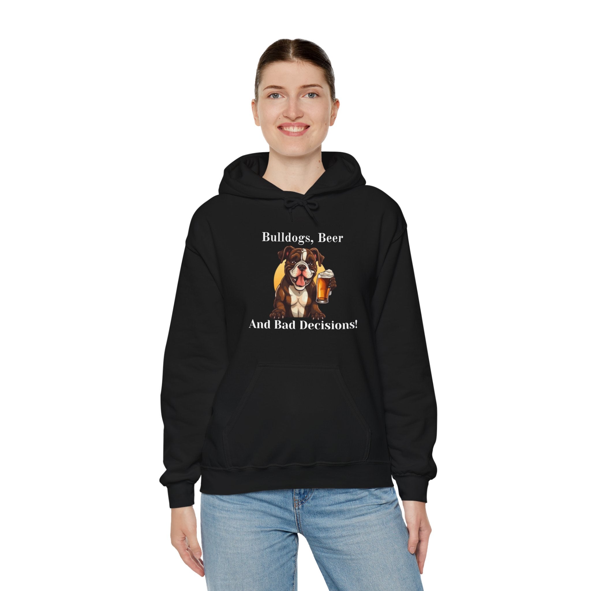 Bulldogs, Beer, and Bad Decisions" Hoodie - Your Go-To Gear for Mischievous Times! size chart - English Bulldog mom gift | Tipsy Bully