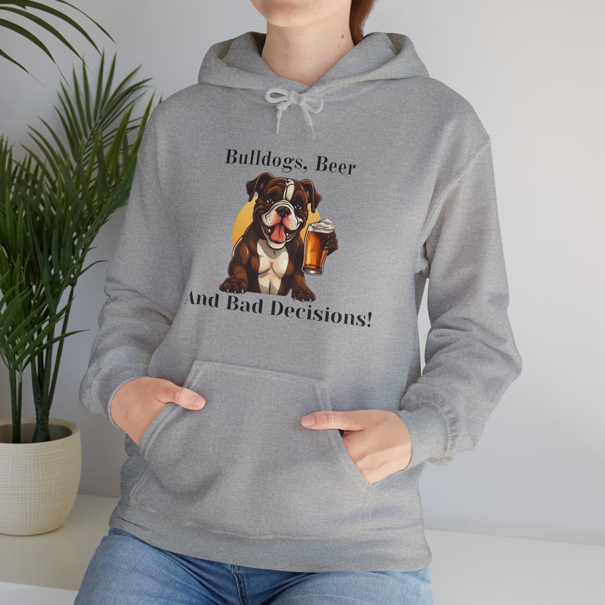 Bulldogs, Beer, and Bad Decisions" Hoodie - Your Go-To Gear for Mischievous Times! (American/Brown)
