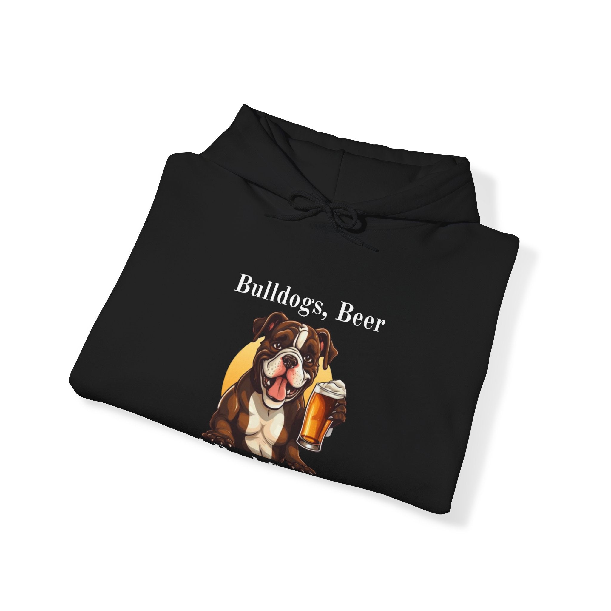 Bulldogs, Beer, and Bad Decisions" Hoodie - Your Go-To Gear for Mischievous Times! lifestyle photo - English Bulldog mom gift | Tipsy Bully