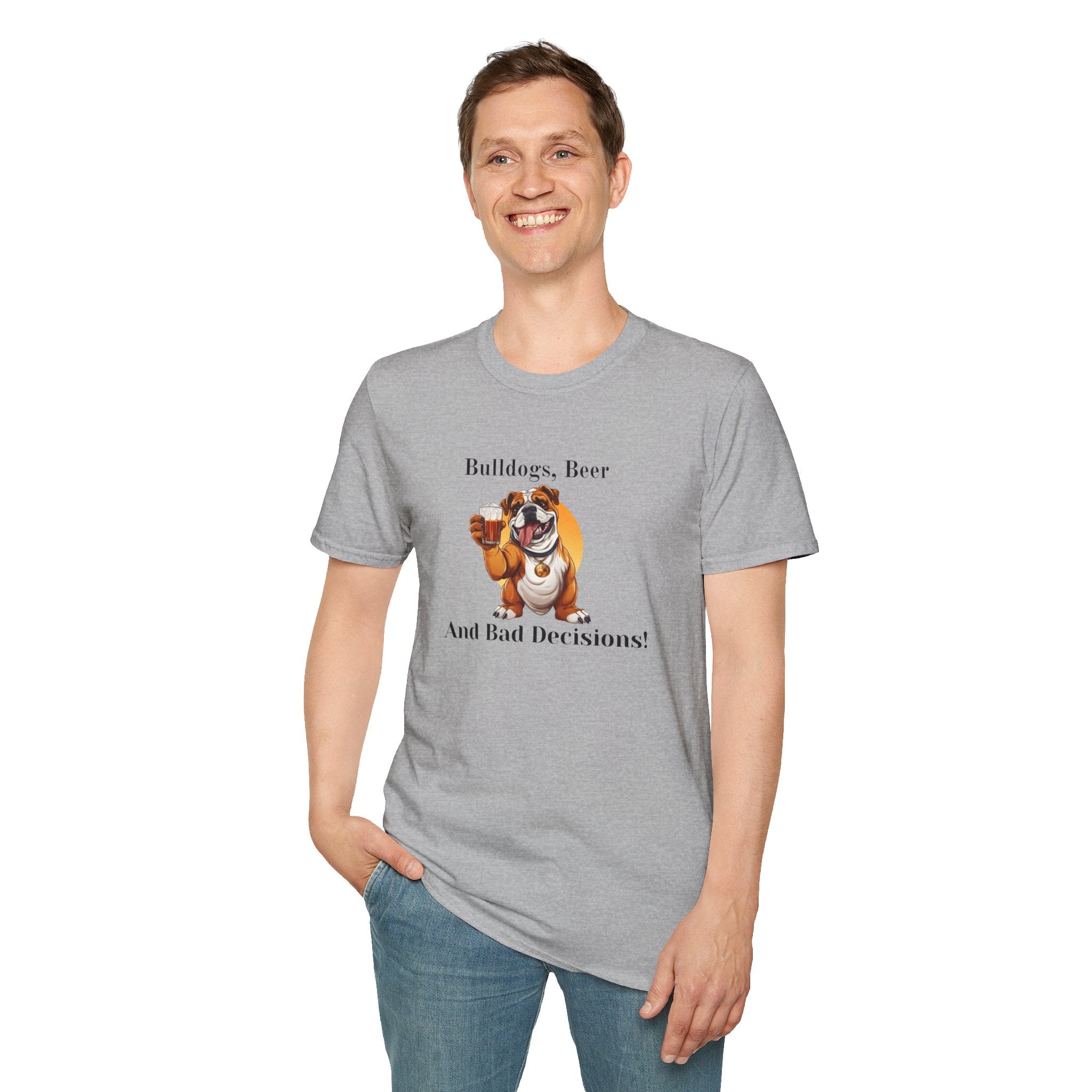 Bulldogs, Beer, and Bad Decisions" Unisex T-Shirt by Tipsy Bully (English/Brown)