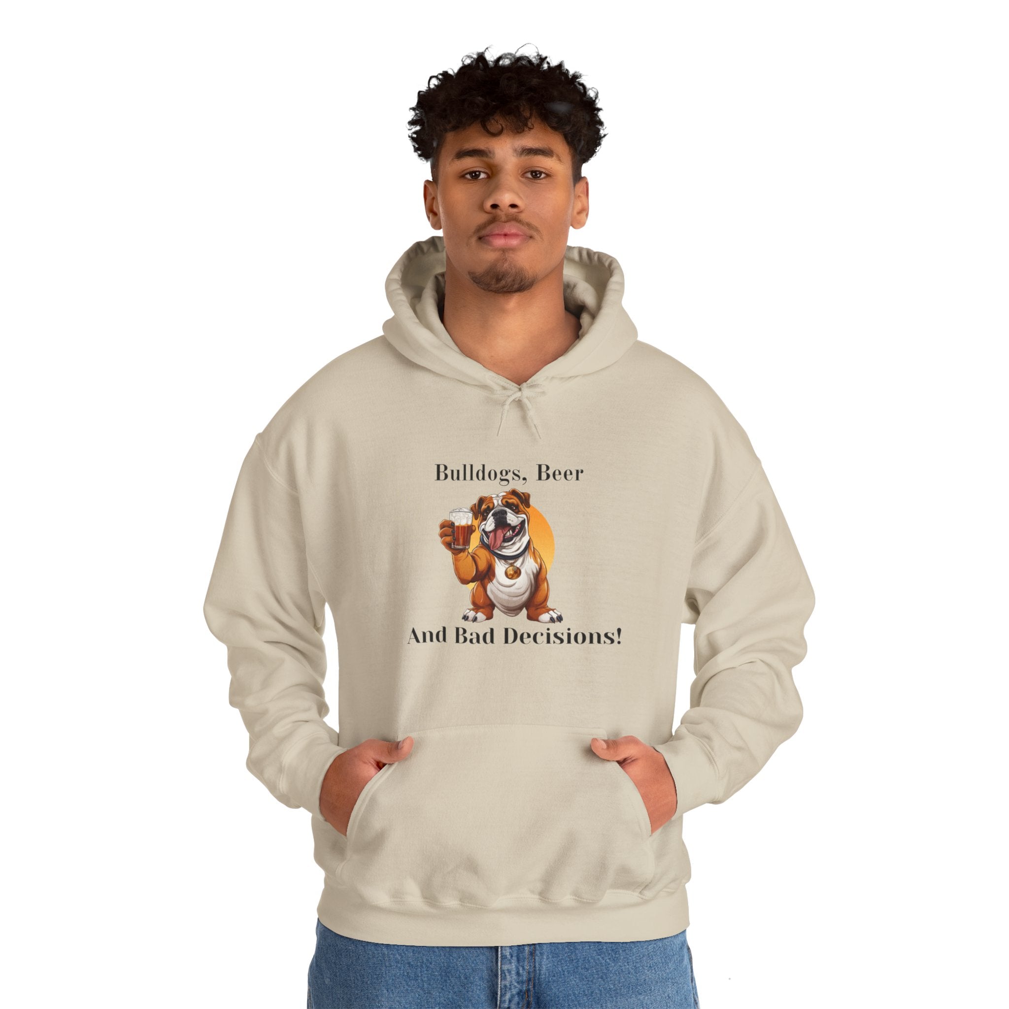 Bulldogs, Beer, and Bad Decisions" Hoodie - Your Go-To Gear for Mischievous Times! (English/Brown)