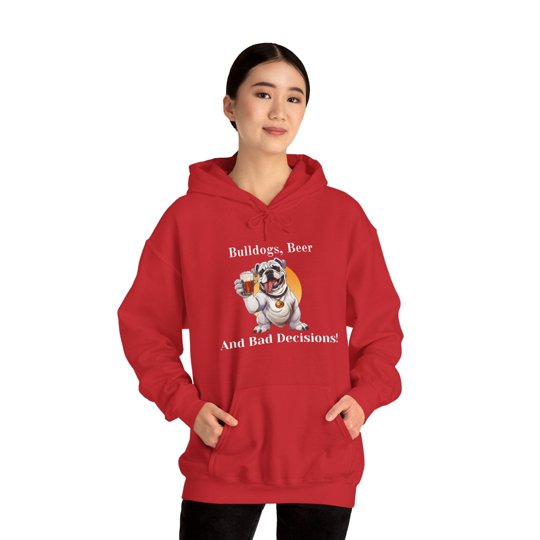 Bulldogs, Beer, and Bad Decisions" Hoodie - Your Go-To Gear for Mischievous Times! (English/White)