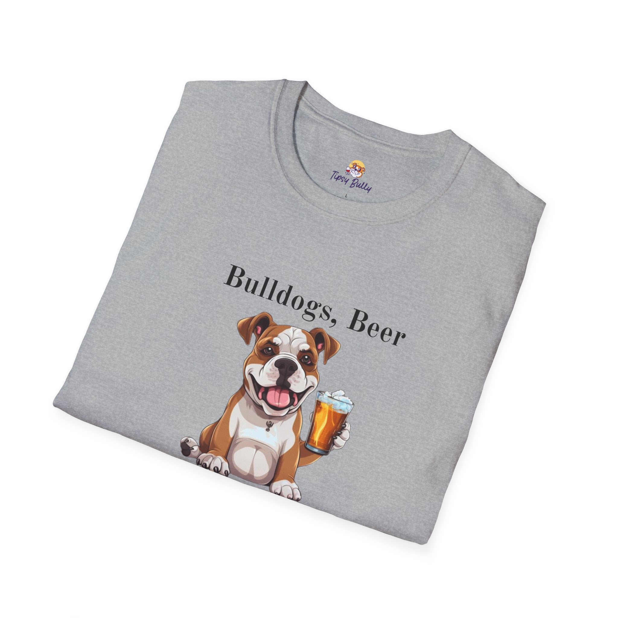 Bulldogs, Beer, and Bad Decisions" Unisex T-Shirt by Tipsy Bully (American/White)
