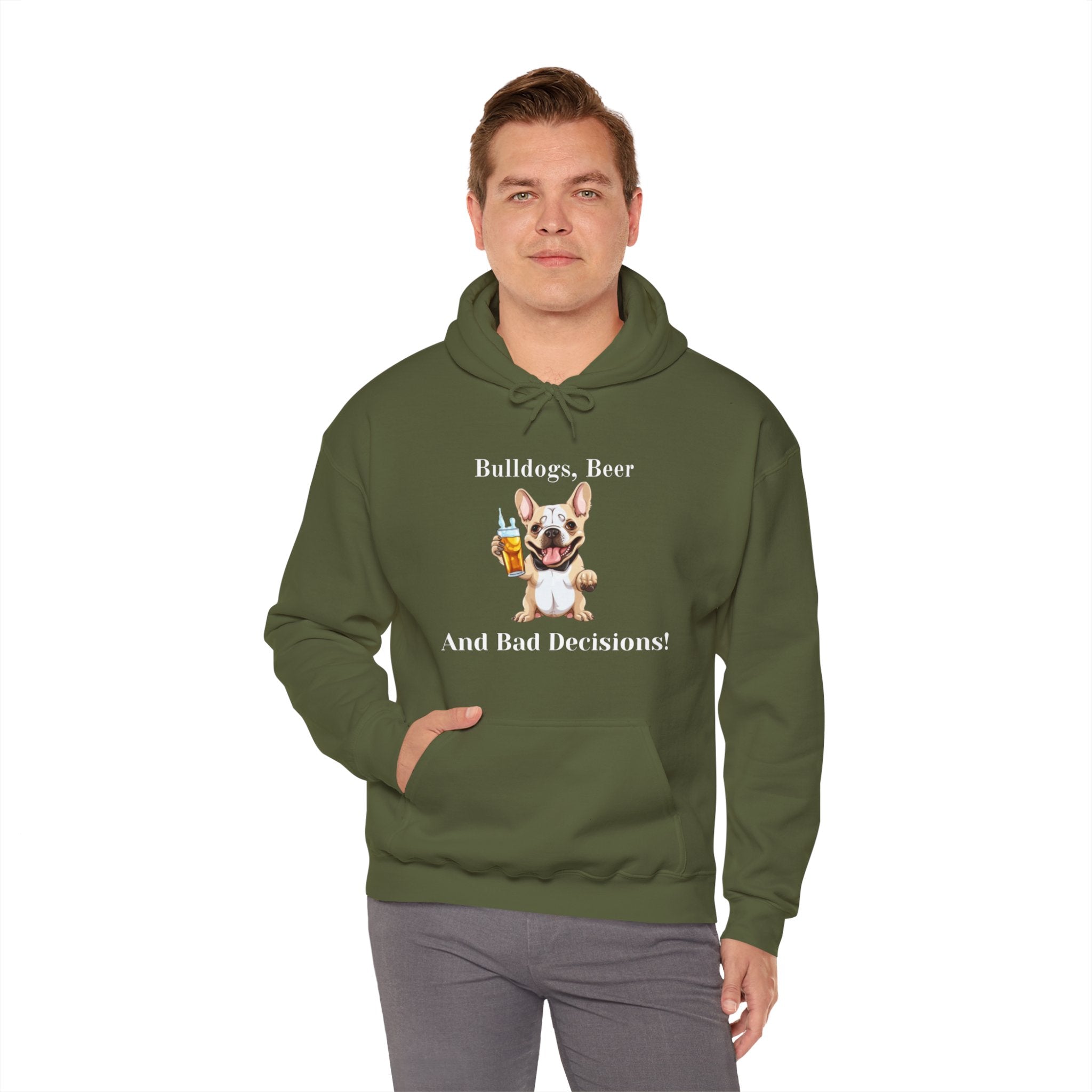 Bulldogs, Beer, and Bad Decisions" Hoodie - Your Go-To Gear for Mischievous Times! (French/Brown)