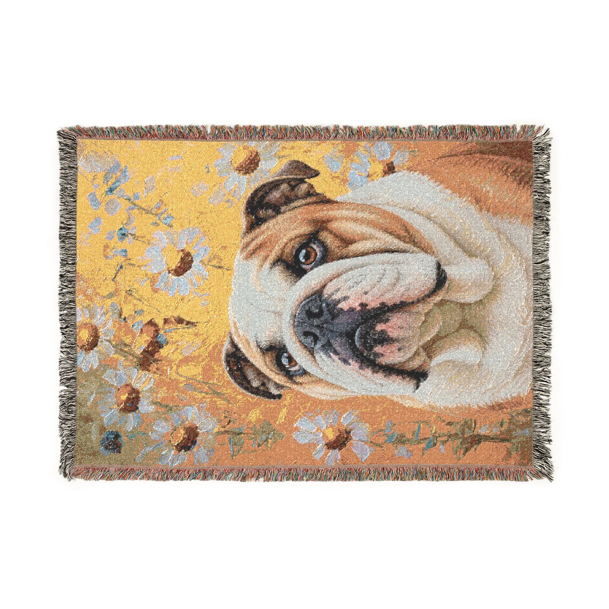 Woven Throw Blanket - English Bulldog & Daisies - 100% Cotton Tapestry with Fringed Edges