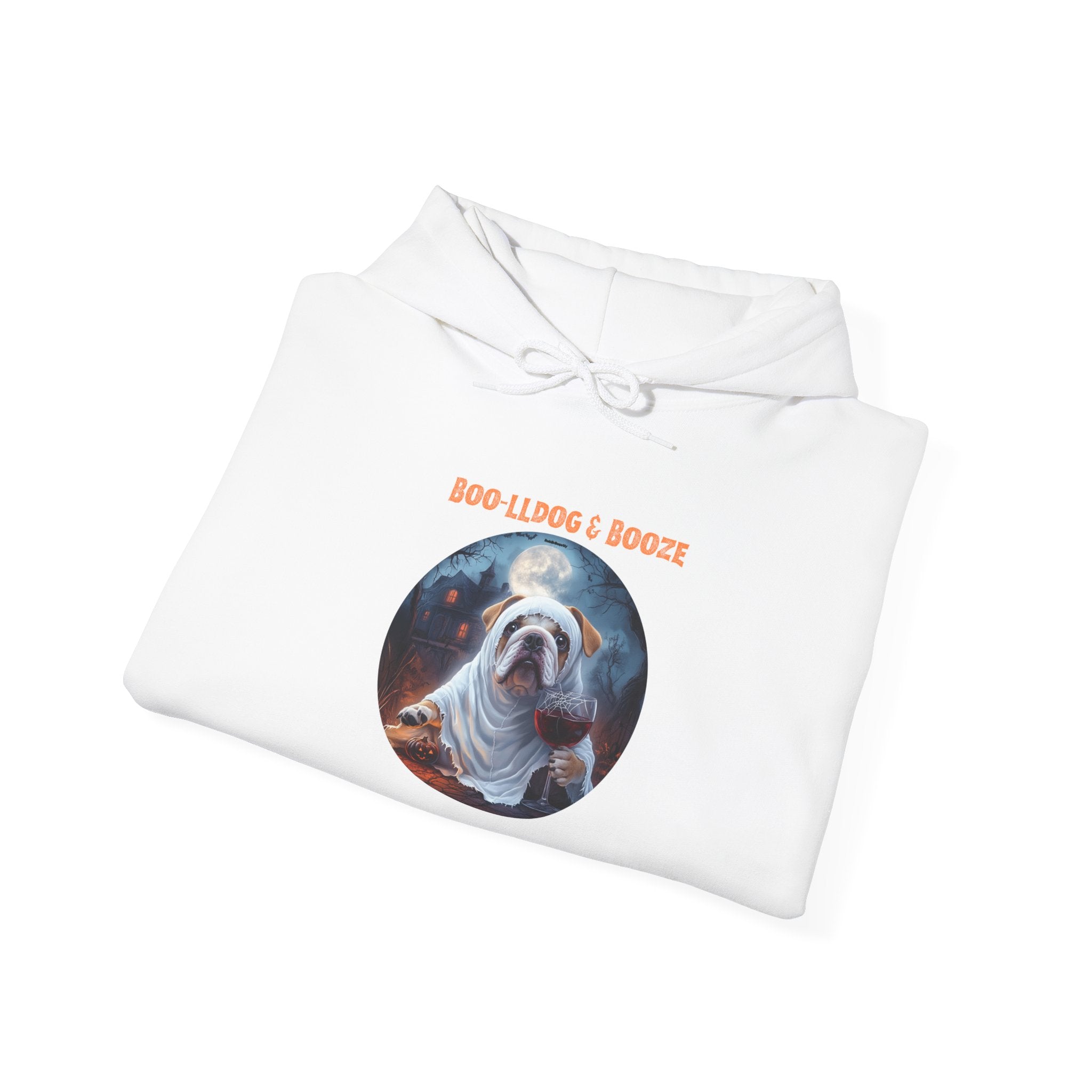 Boo-lldog & Booze Halloween Bulldog Hoodie (White/English)