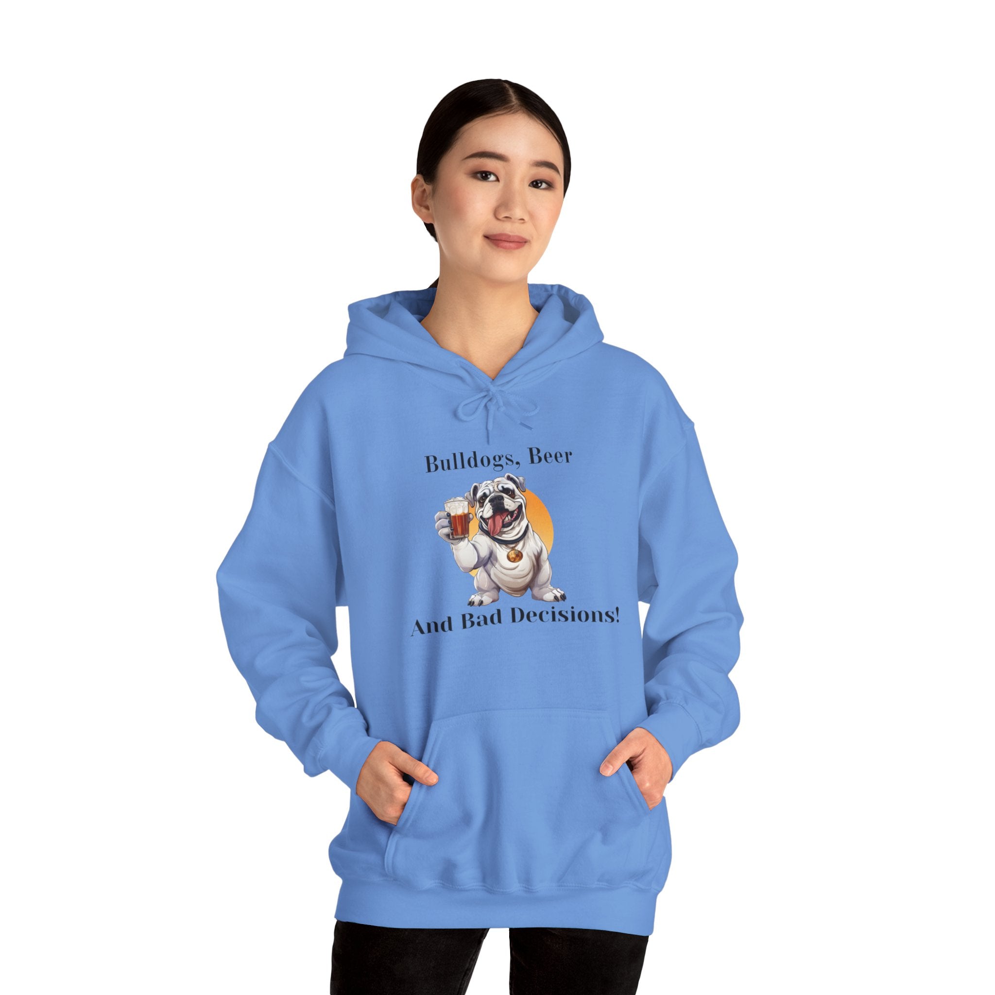 Bulldogs, Beer, and Bad Decisions" Hoodie - Your Go-To Gear for Mischievous Times! (English/White)