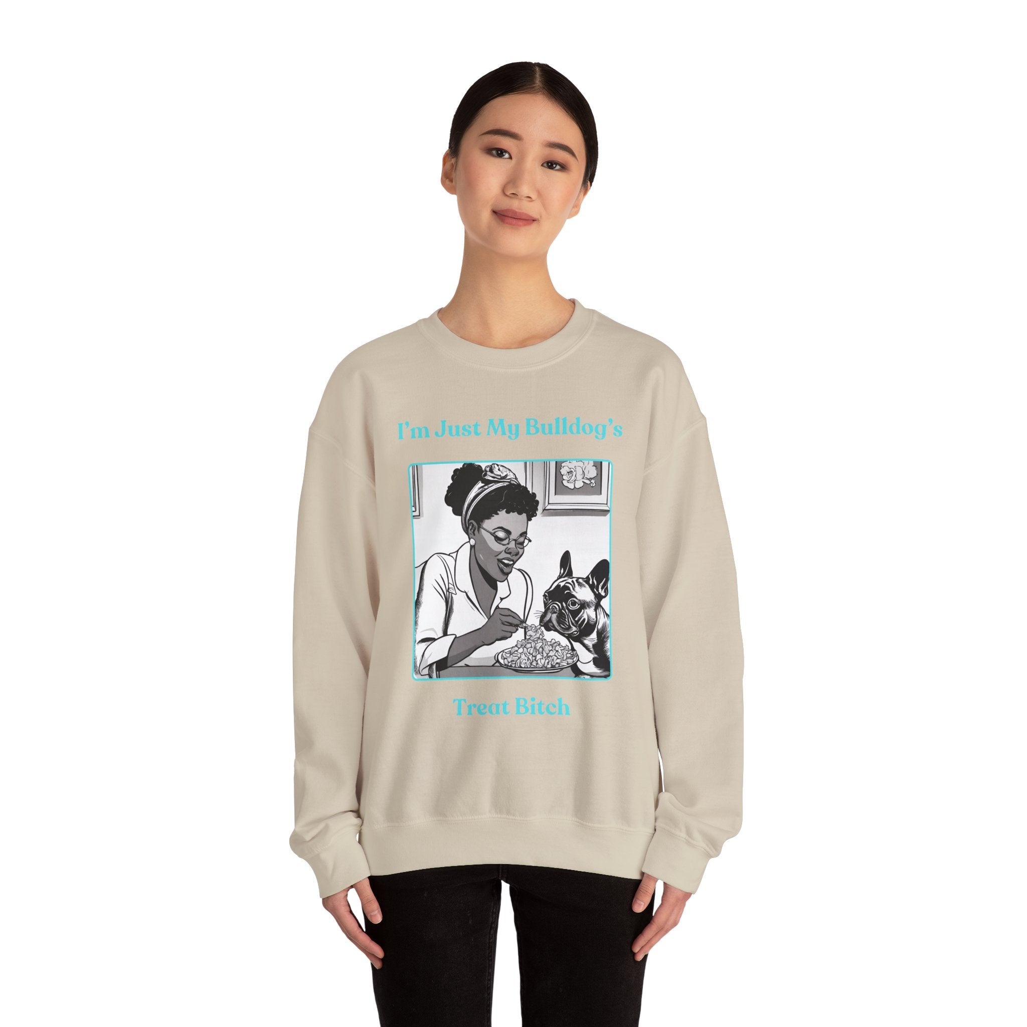Just My Bulldog's Treat Bitch Crew Neck Sweatshirt (French/Turq)