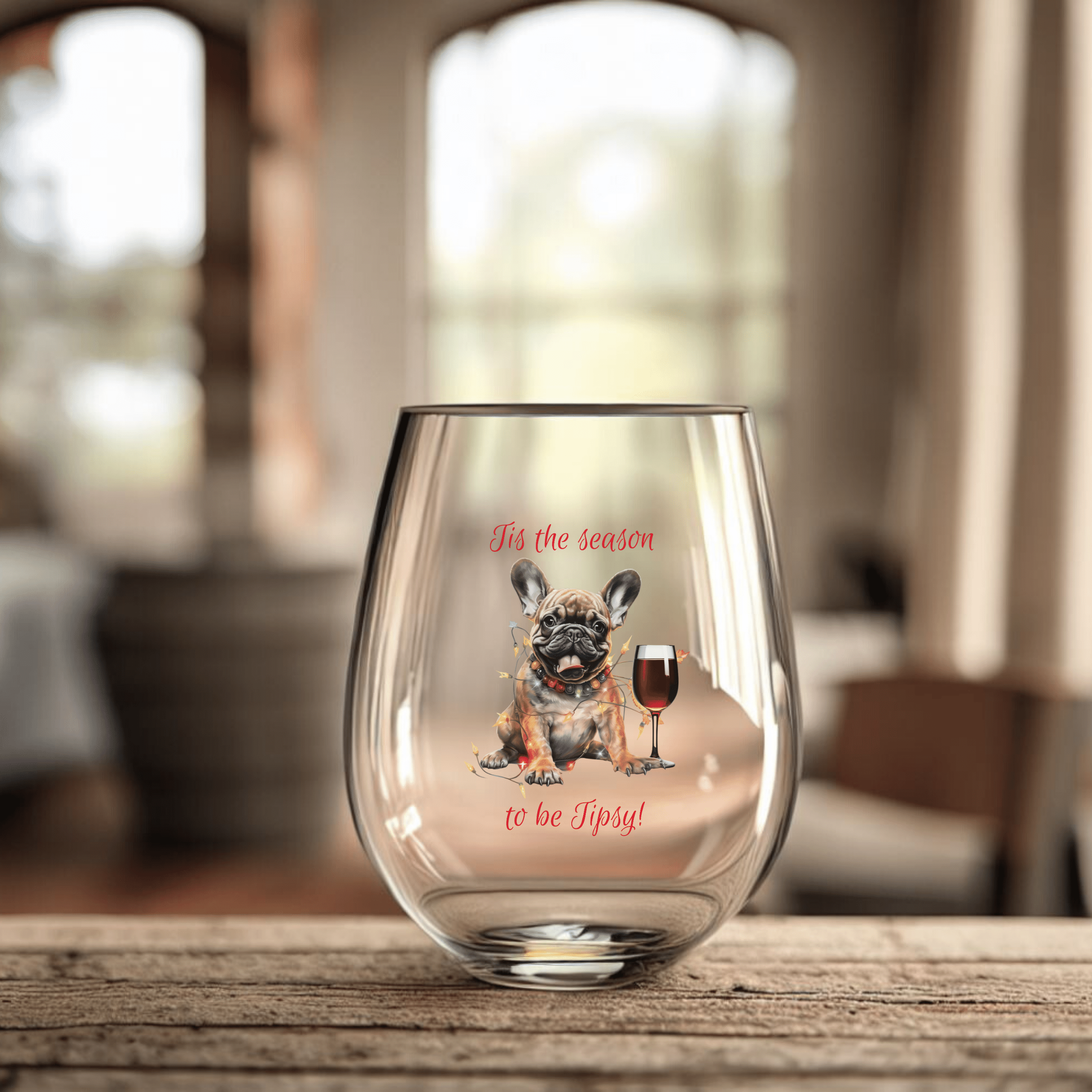 "Tis the Season to Be Tipsy!" Stemless Wine Glass - French Bulldog