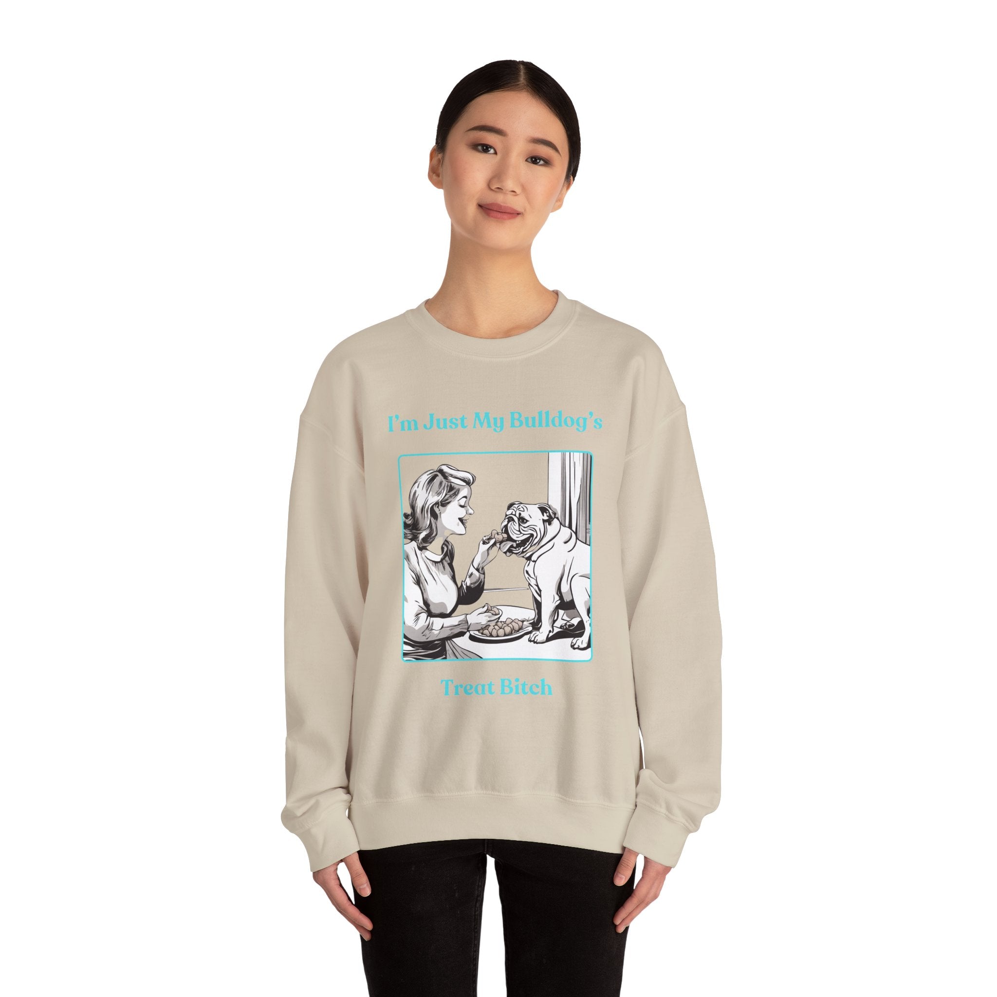 Just My Bulldog's Treat Bitch" Crew Neck Sweatshirt (English/Turq)