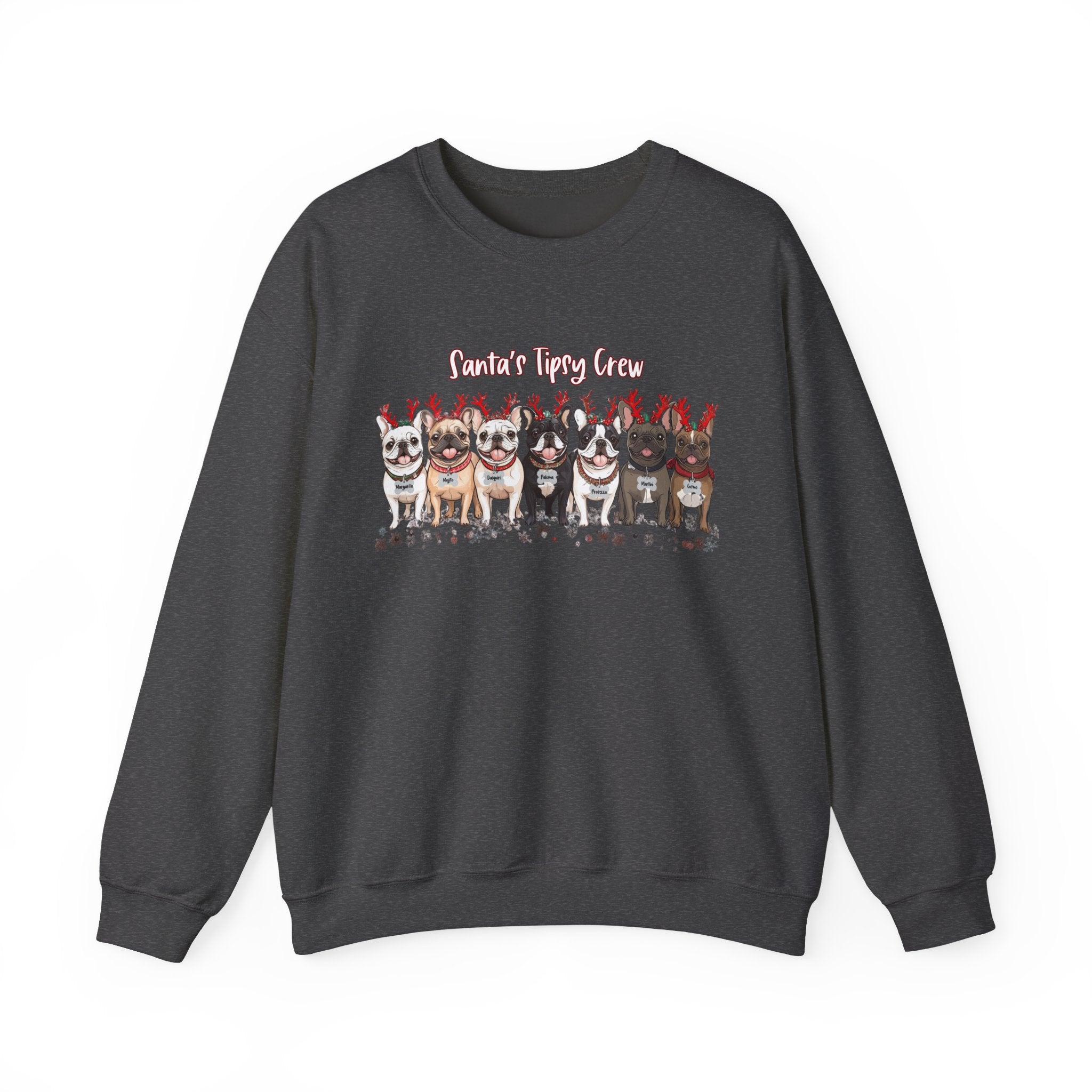 “Santa’s Tipsy Crew” Christmas Crewneck Sweatshirt - Unisex detail shot - French Bulldog mom sweatshirt | Tipsy Bully
