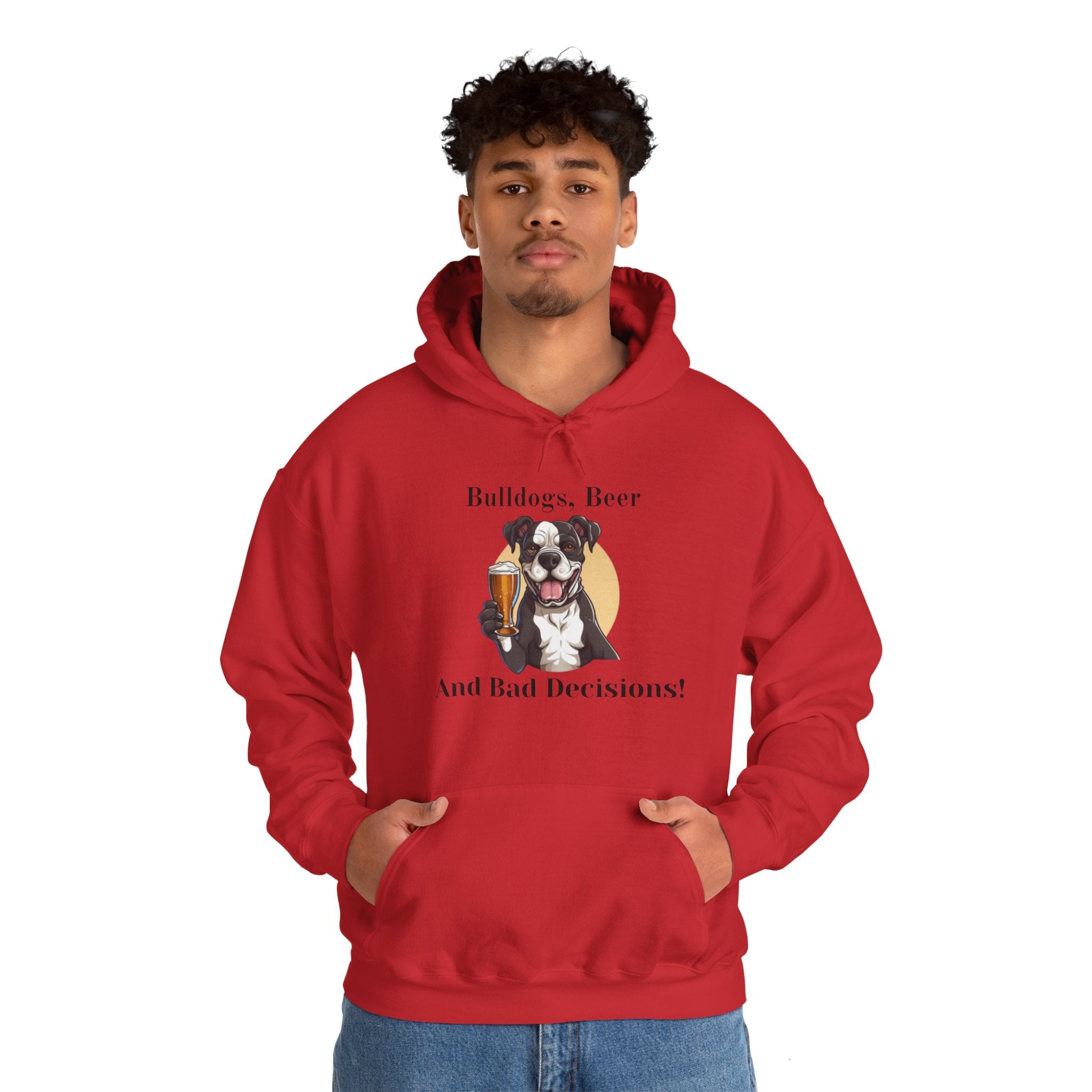 Bulldogs, Beer, and Bad Decisions" Hoodie - Your Go-To Gear for Mischievous Times! alternate view - English Bulldog mom gift | Tipsy Bully