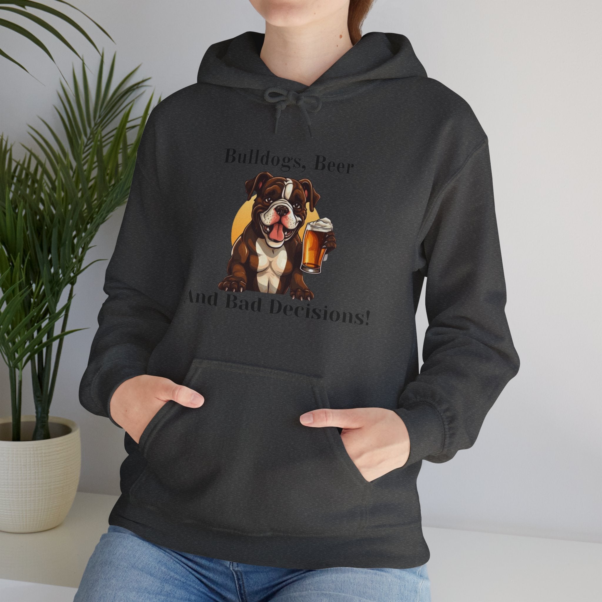 Bulldogs, Beer, and Bad Decisions" Hoodie - Your Go-To Gear for Mischievous Times! (American/Brown)
