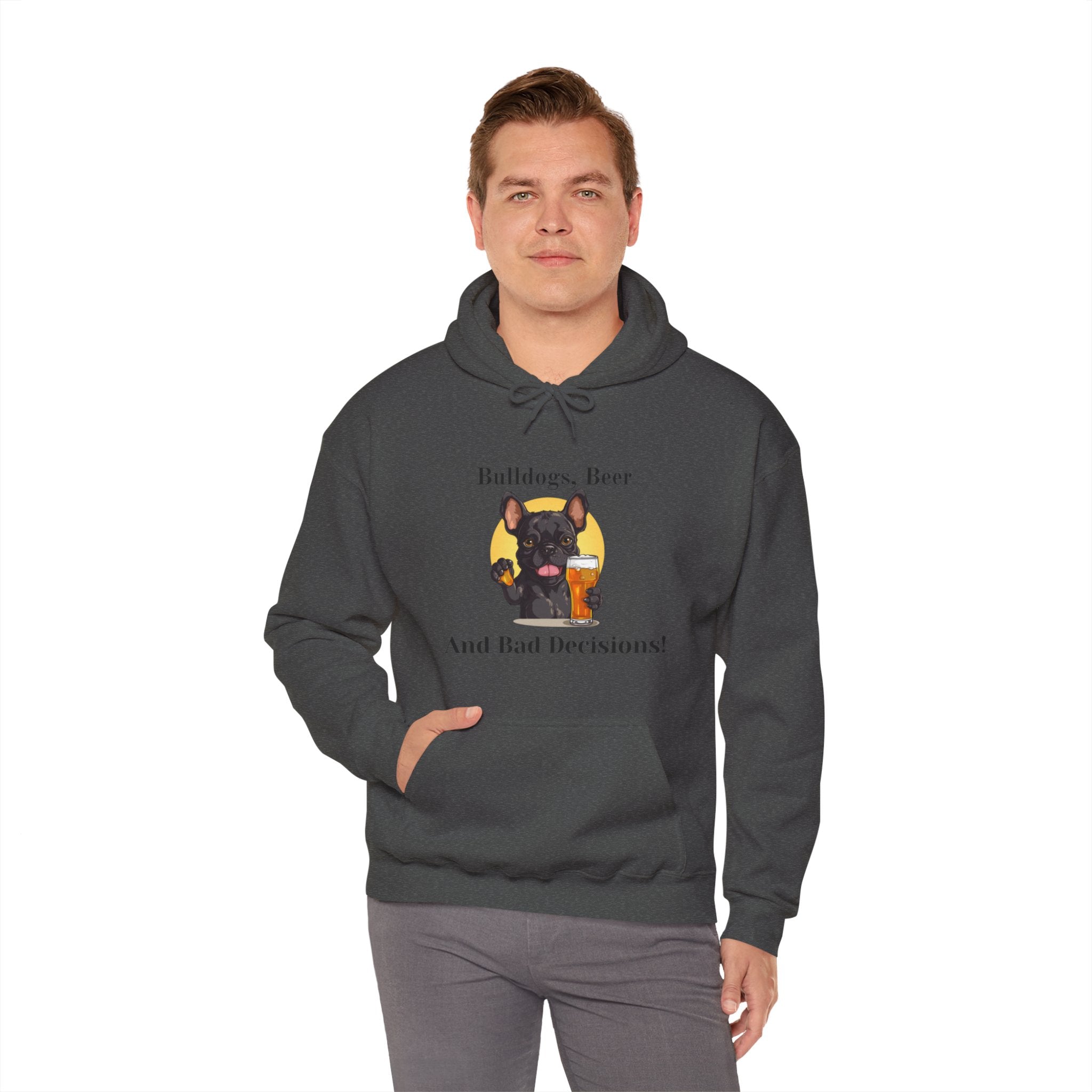 Bulldogs, Beer, and Bad Decisions" Hoodie - Your Go-To Gear for Mischievous Times! (French/Black)