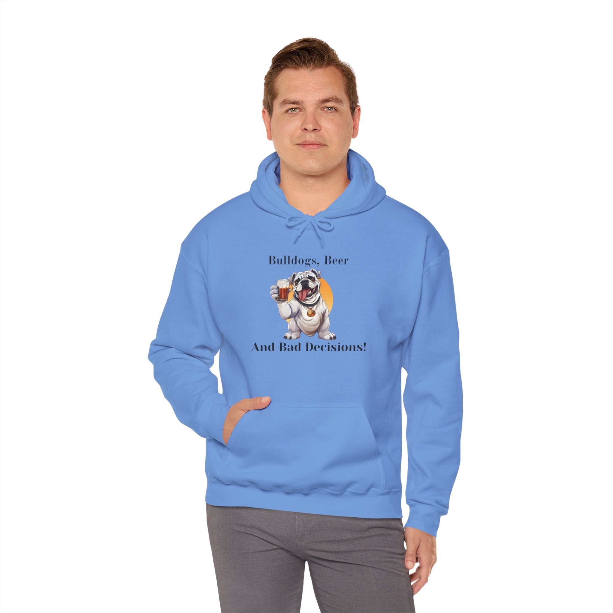 Bulldogs, Beer, and Bad Decisions" Hoodie - Your Go-To Gear for Mischievous Times! (English/White)
