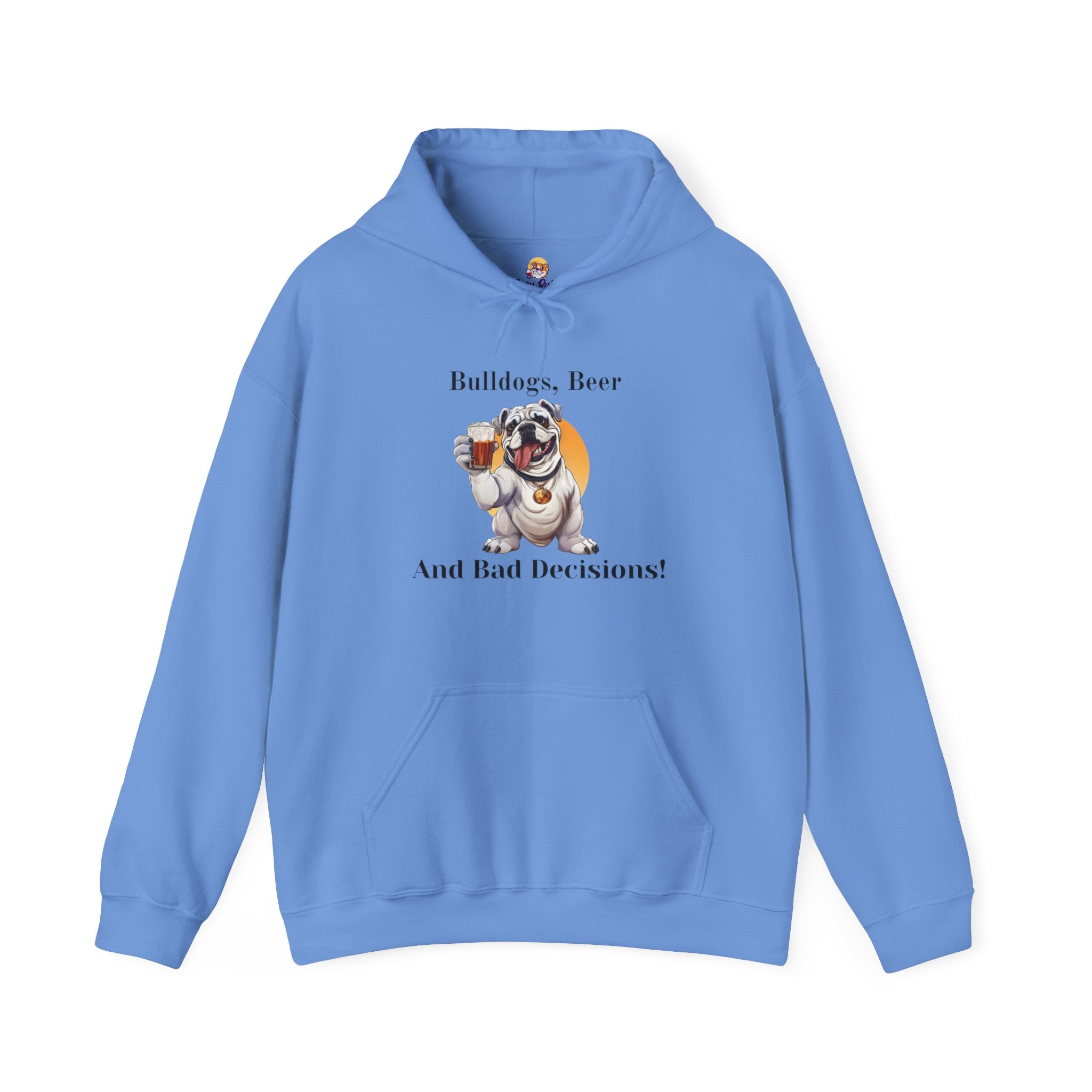 Bulldogs, Beer, and Bad Decisions" Hoodie - Your Go-To Gear for Mischievous Times! (English/White)
