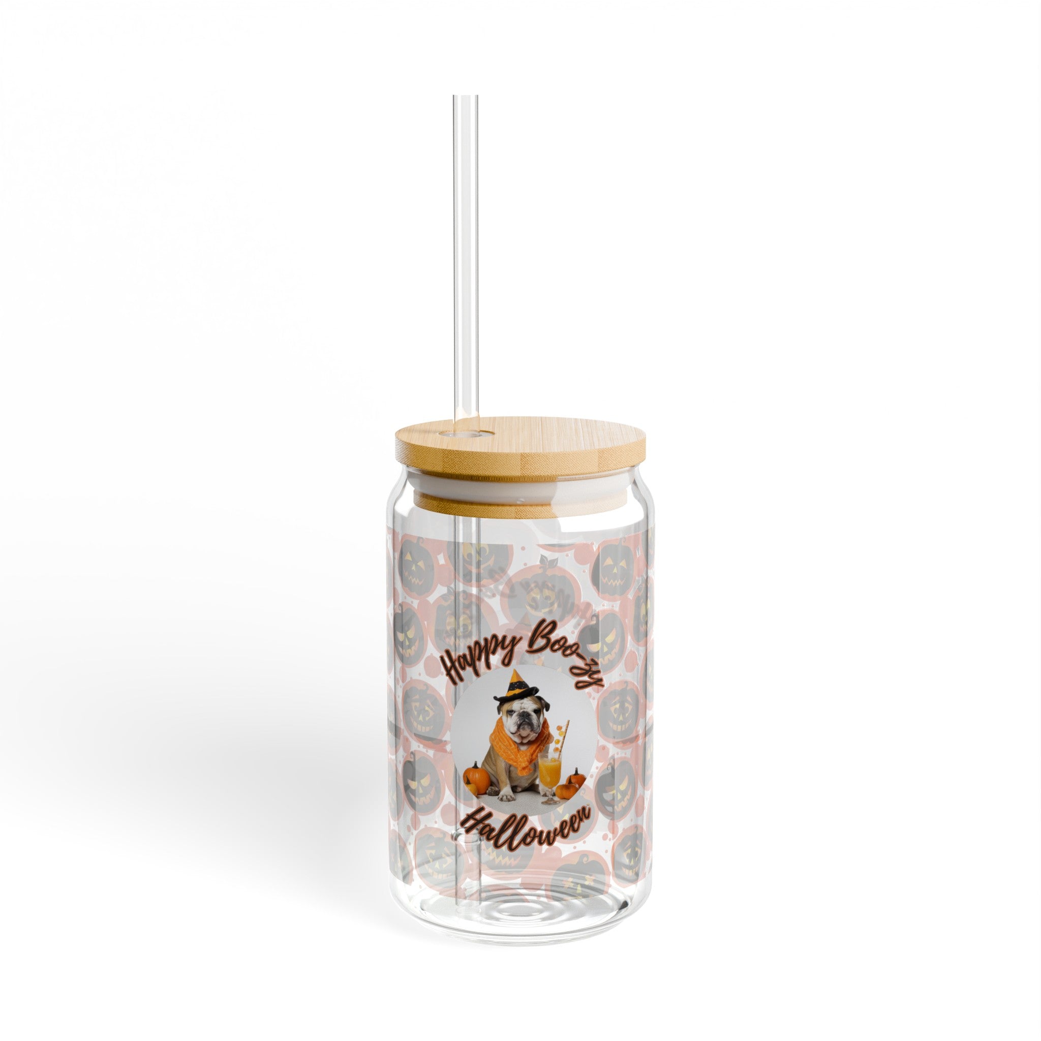 Halloween Sipper Glass: "Happy Boo-zy Halloween!" Edition (Tan/English)