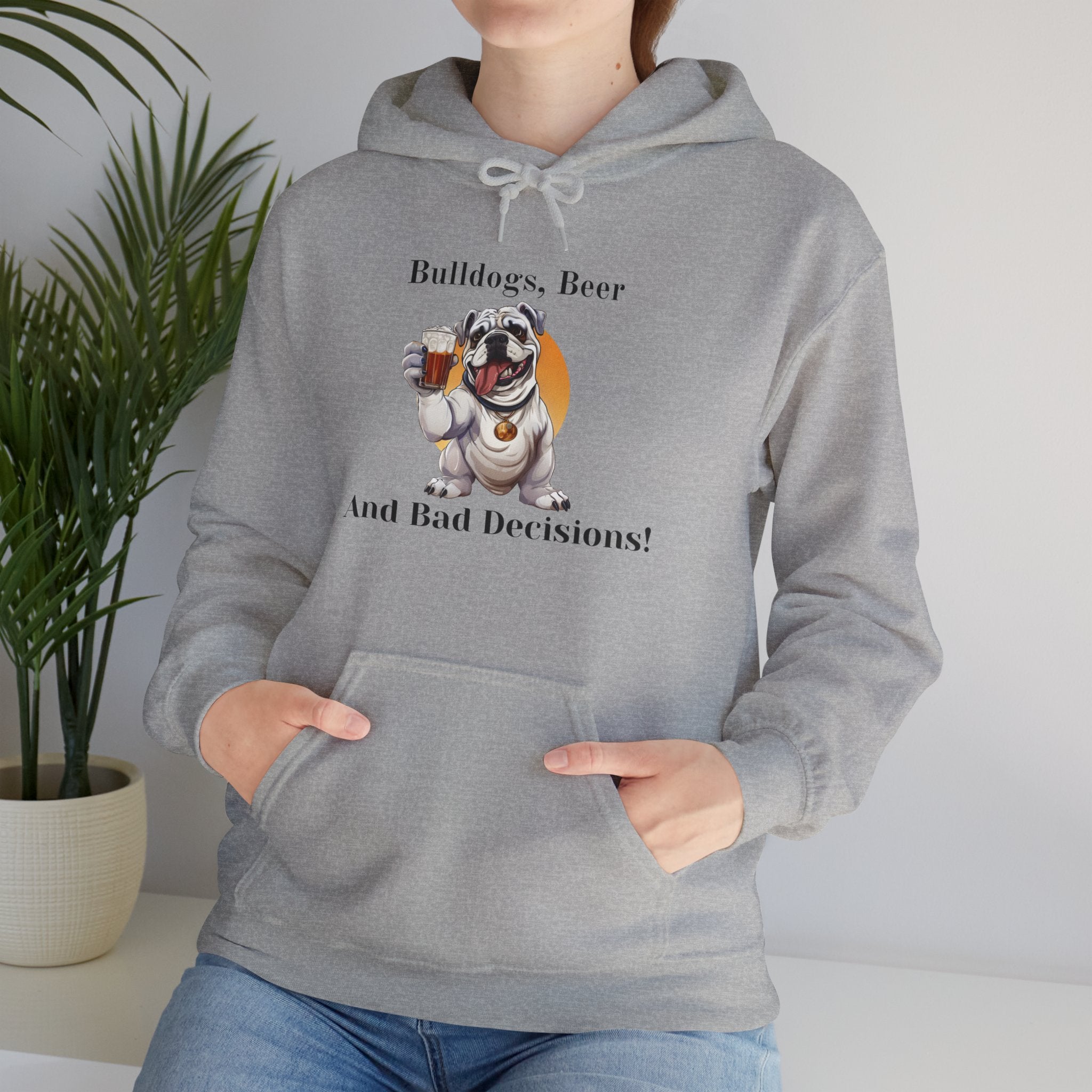 Bulldogs, Beer, and Bad Decisions" Hoodie - Your Go-To Gear for Mischievous Times! (English/White)