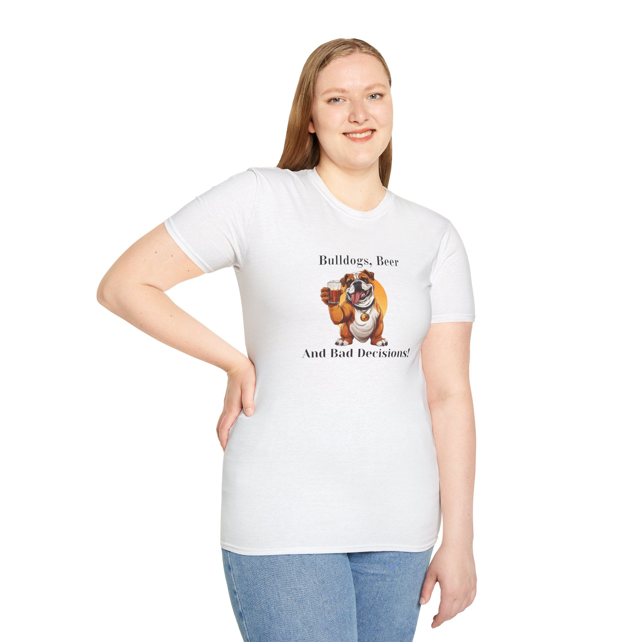 Bulldogs, Beer, and Bad Decisions" Unisex T-Shirt by Tipsy Bully (English/Brown)